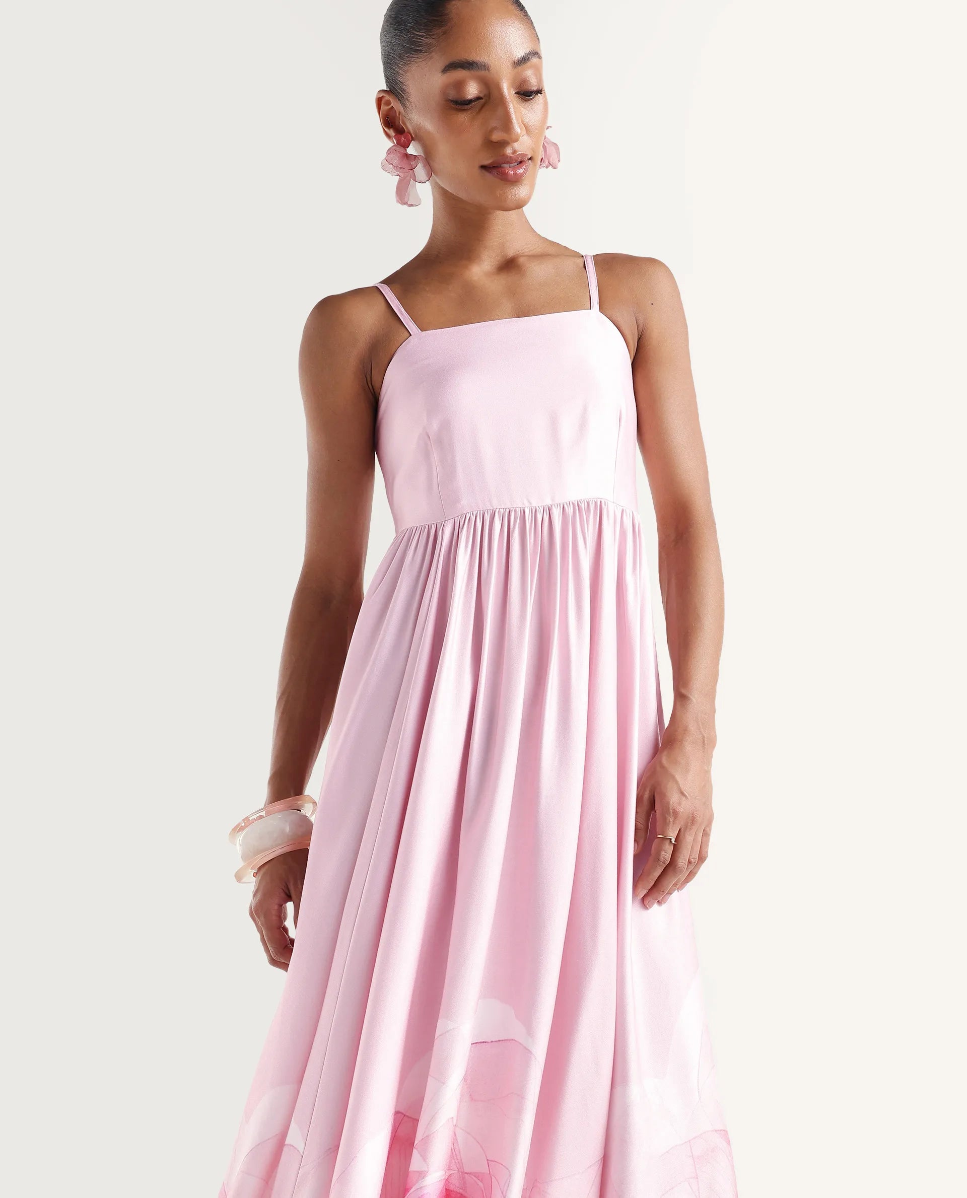 Rareism Women's Mezozo Light Pink Viscose Sleeveless Square Neck Fit And Flare Floral Print Dress