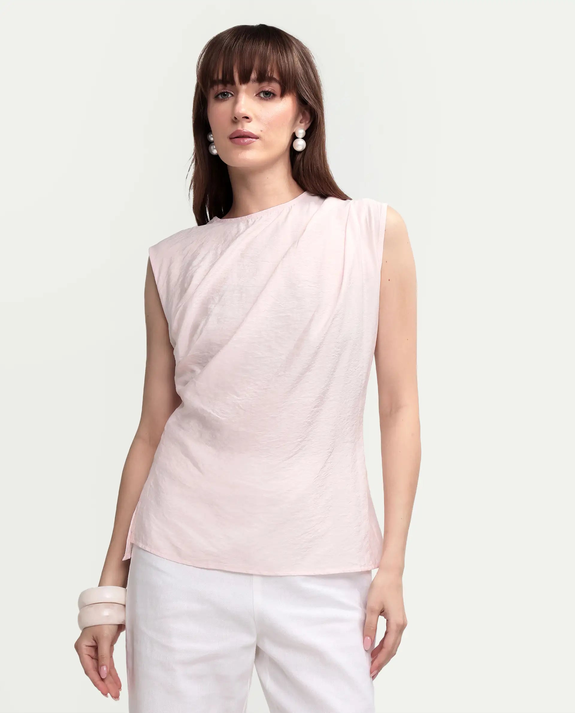 Rareism Women's Mica Light Pink Viscose Sleeveless Crew Neck Regular Top