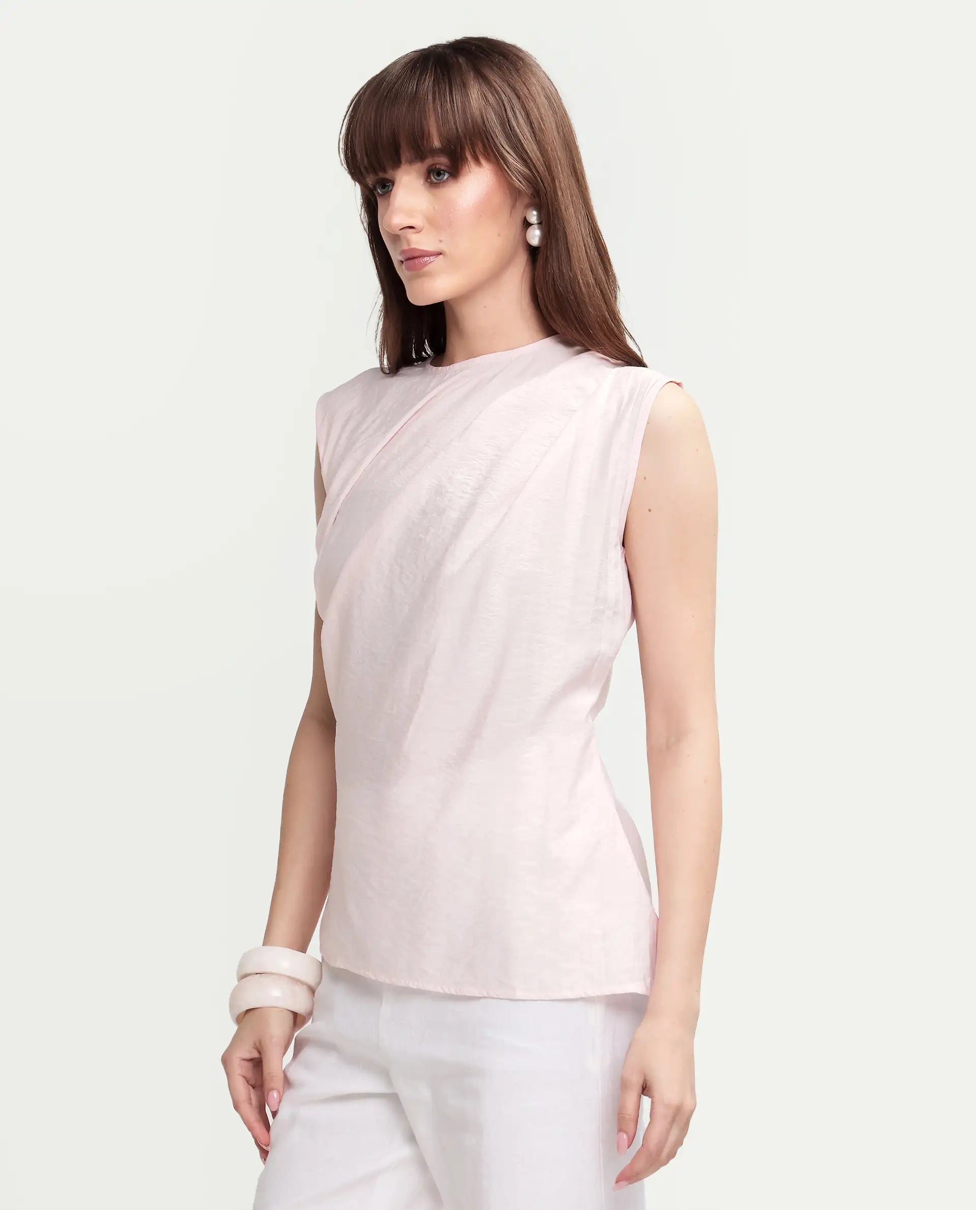 Rareism Women's Mica Light Pink Viscose Sleeveless Crew Neck Regular Top