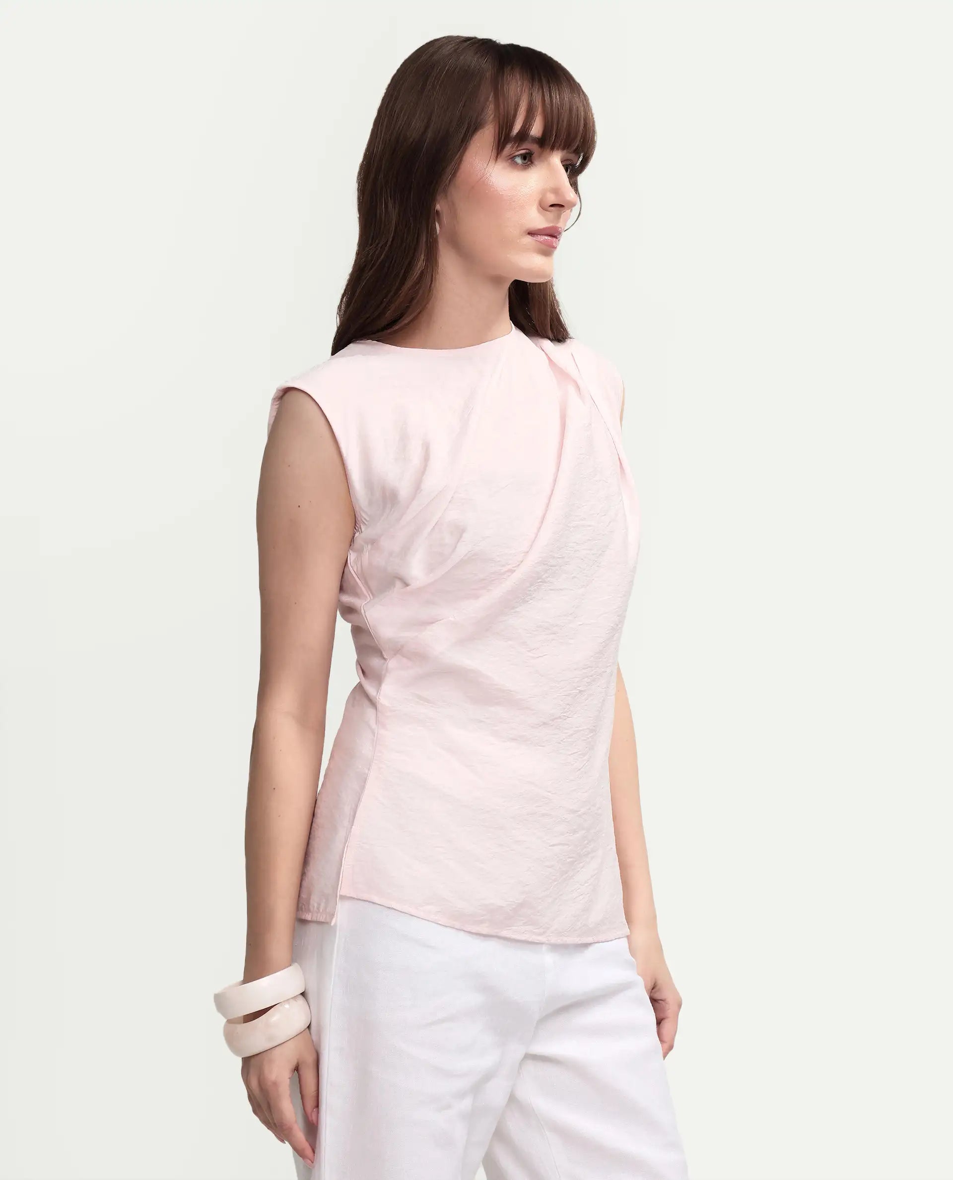 Rareism Women's Mica Light Pink Viscose Sleeveless Crew Neck Regular Top