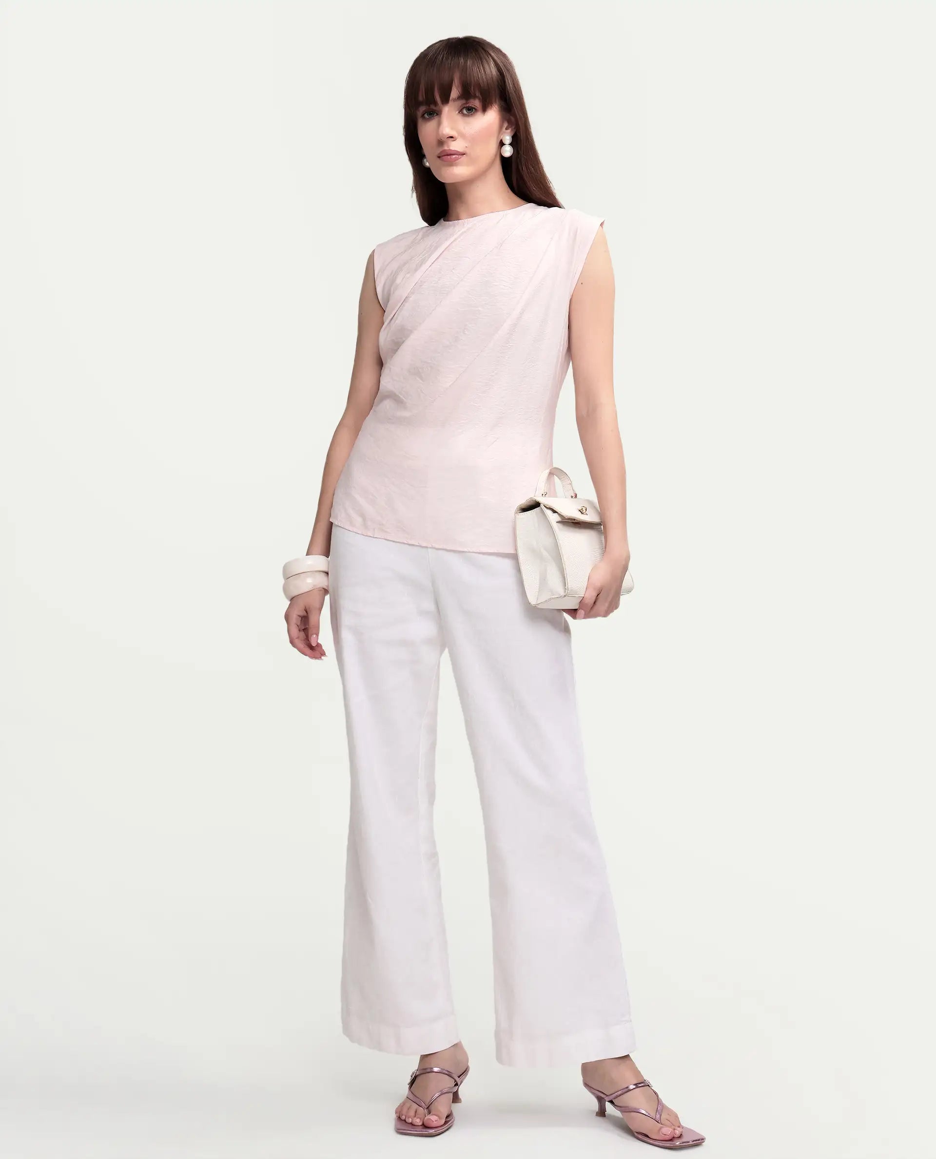 Rareism Women's Mica Light Pink Viscose Sleeveless Crew Neck Regular Top