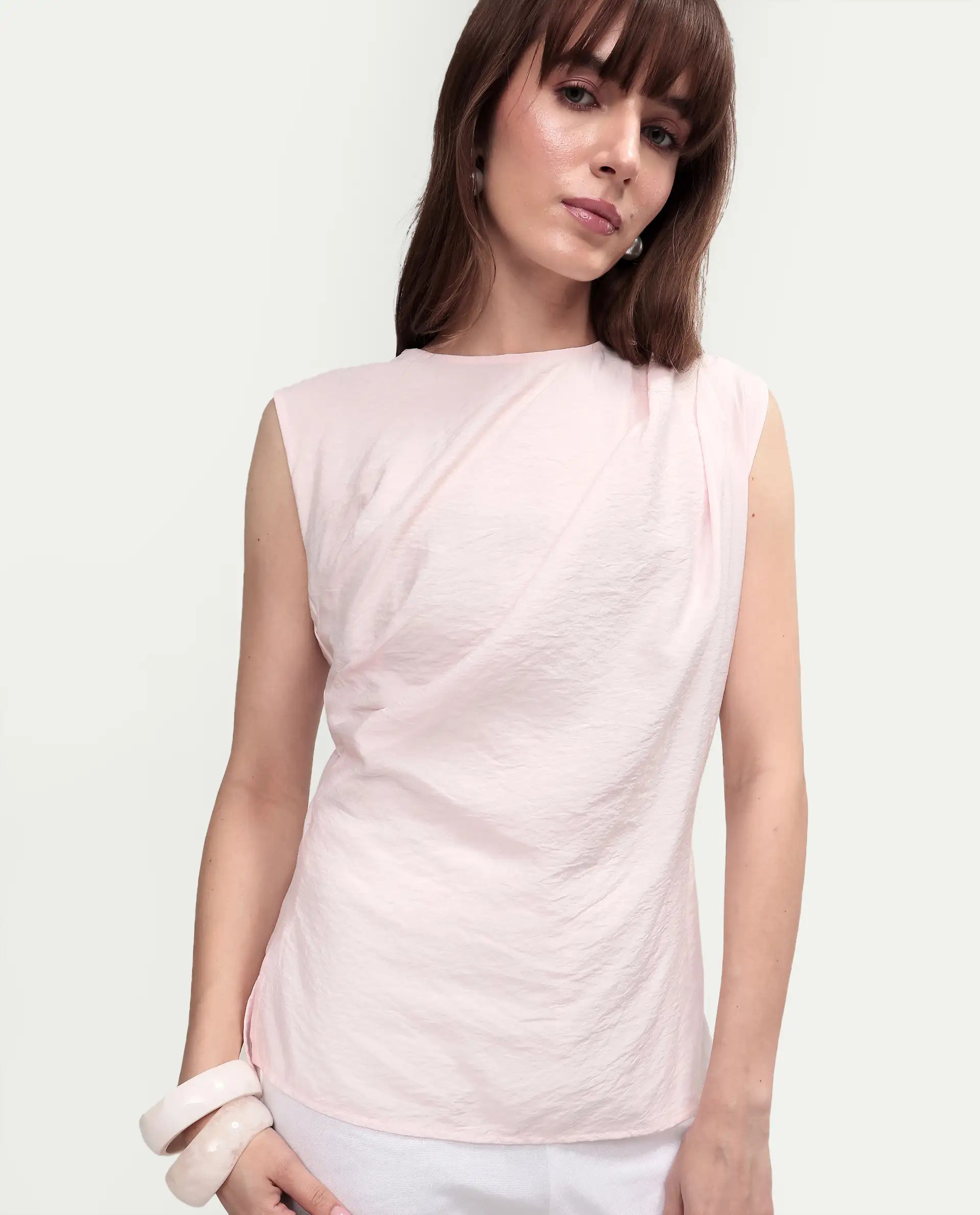 Rareism Women's Mica Light Pink Viscose Sleeveless Crew Neck Regular Top