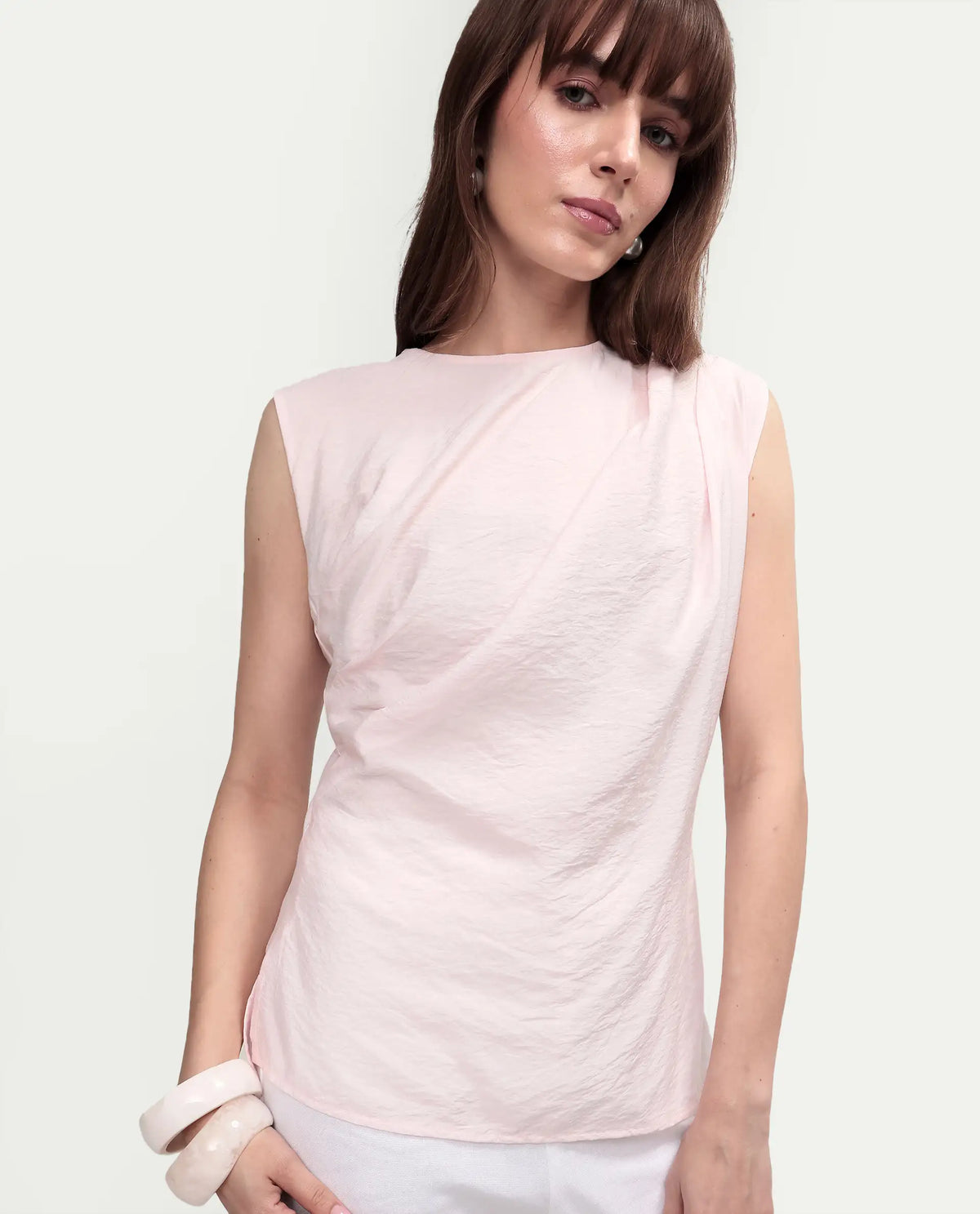 Rareism Women's Mica Light Pink Viscose Sleeveless Crew Neck Regular Top