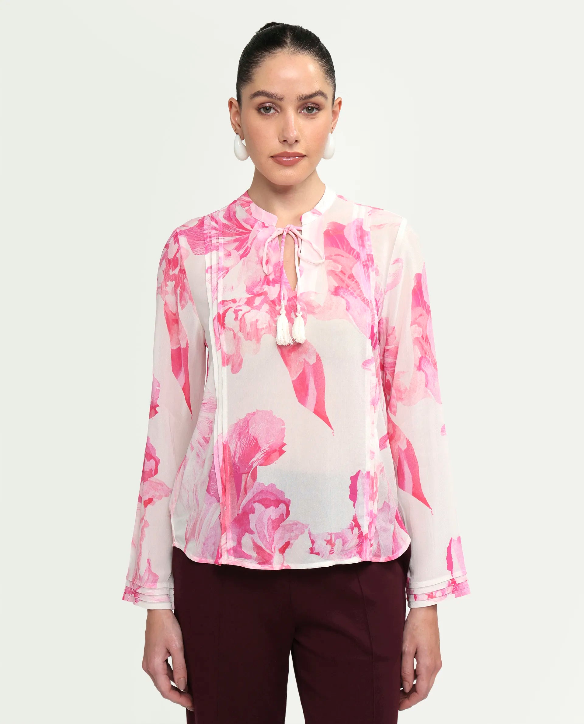 Rareism Women's Mijok Off White Viscose Full Sleeve Tie-Up Regular Floral Print Top