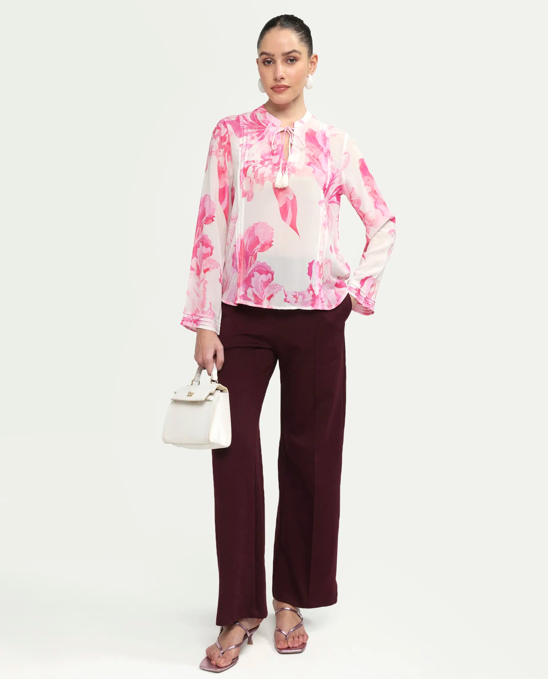 Rareism Women's Mijok Off White Viscose Full Sleeve Tie-Up Regular Floral Print Top