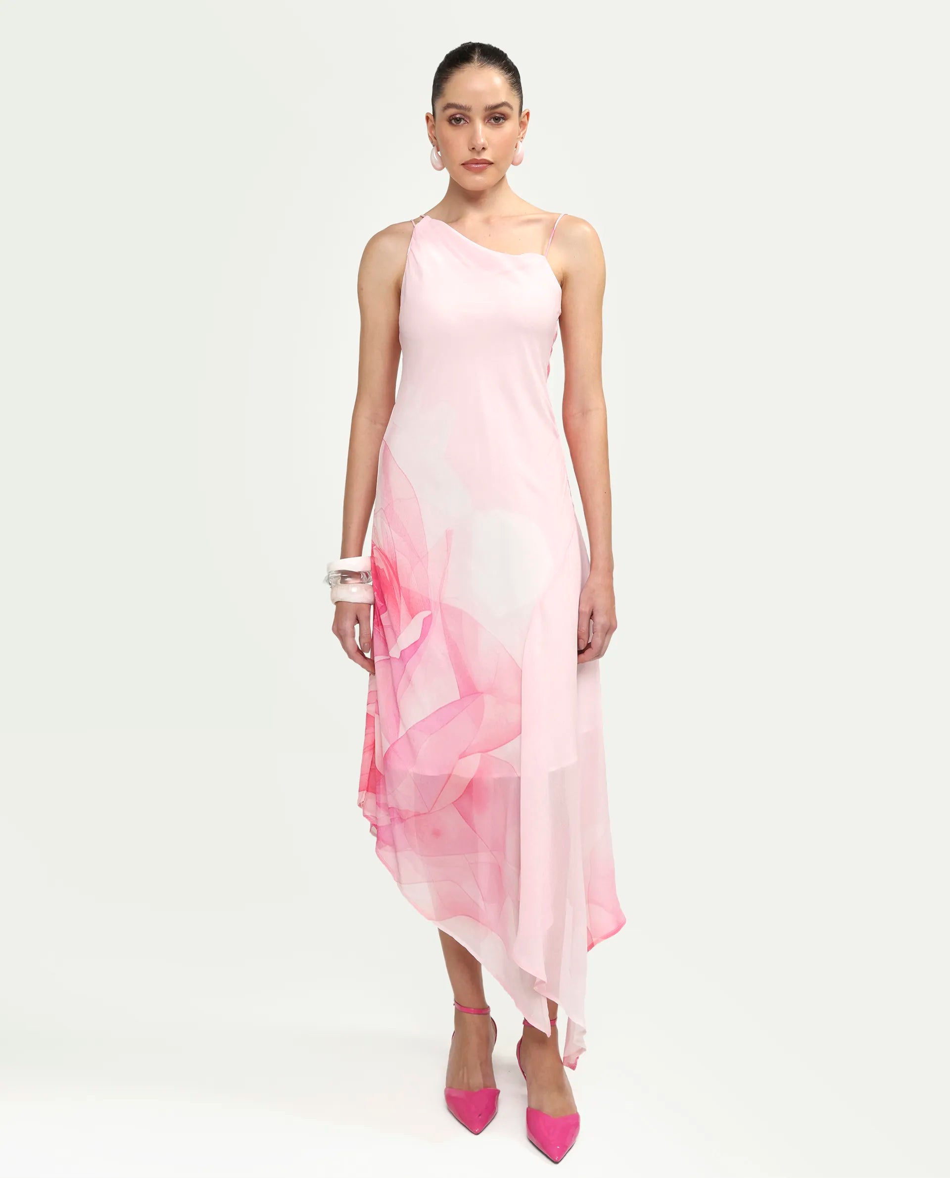 Rareism Women's Minzo Light Pink Viscose Sleeveless One Shoulder Asymmetric Floral Print Dress