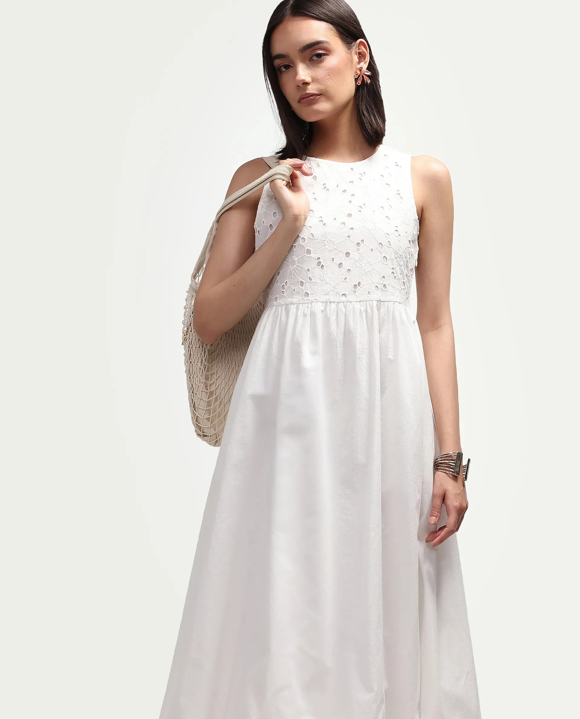 Rareism Women's Miso Off White Cotton Blend Sleeveless Round Neck Fit And Flare Schiffli Dress