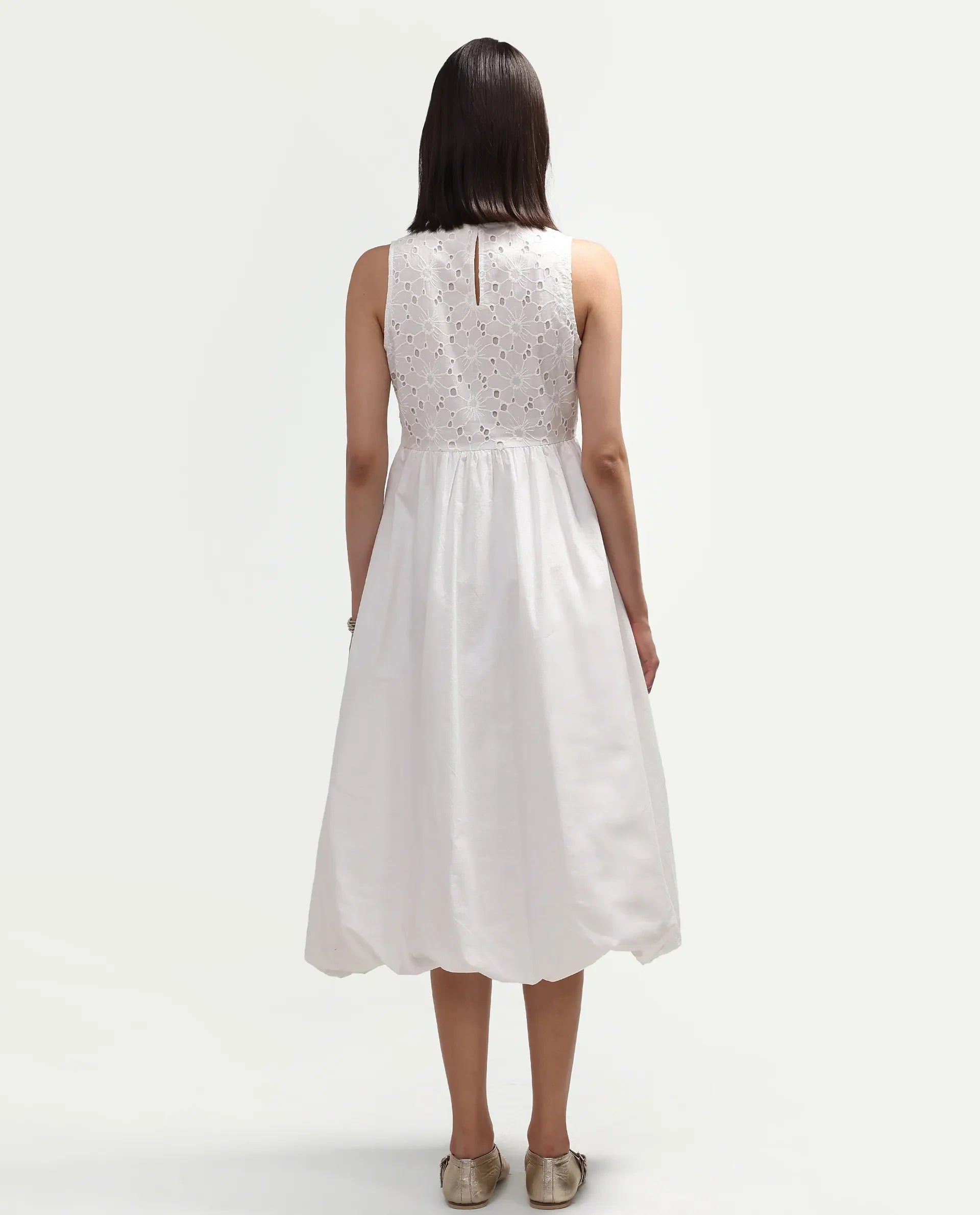 Rareism Women's Miso Off White Cotton Blend Sleeveless Round Neck Fit And Flare Schiffli Dress