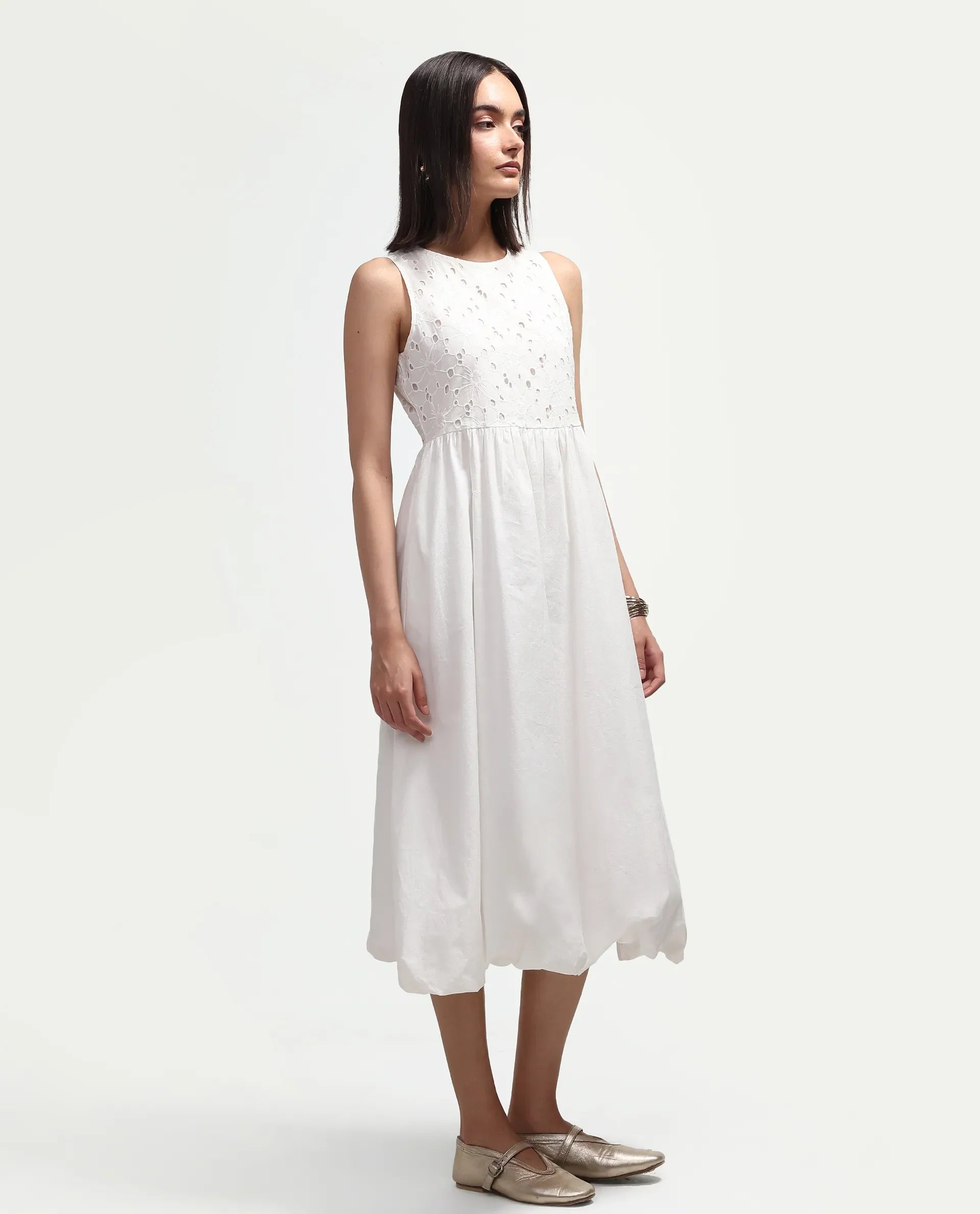 Rareism Women's Miso Off White Cotton Blend Sleeveless Round Neck Fit And Flare Schiffli Dress