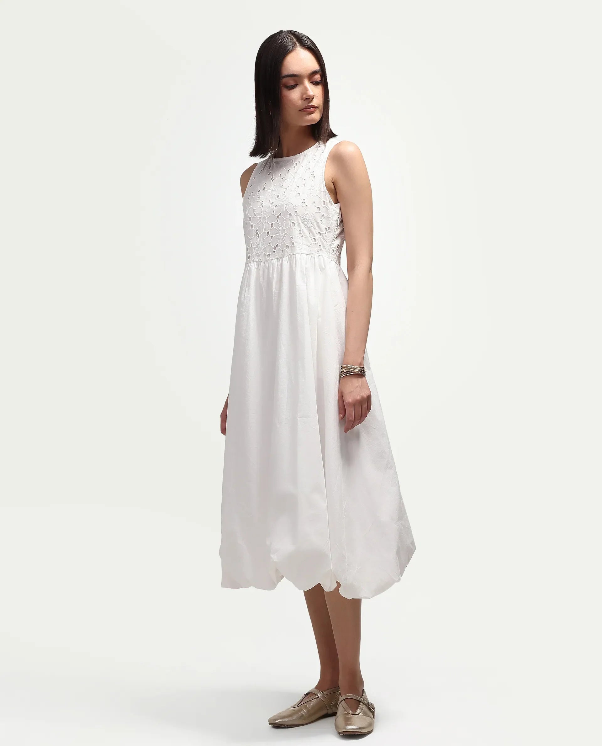 Rareism Women's Miso Off White Cotton Blend Sleeveless Round Neck Fit And Flare Schiffli Dress