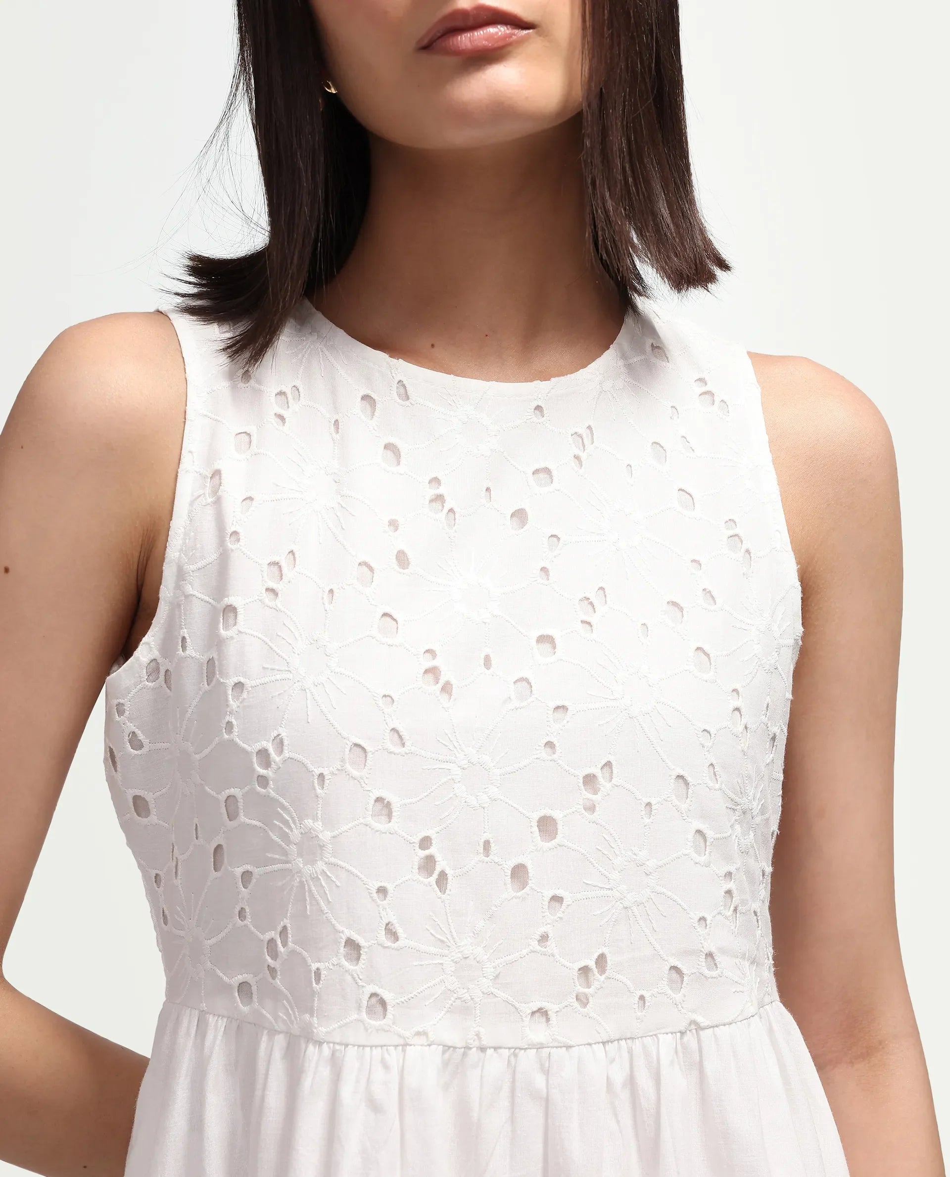 Rareism Women's Miso Off White Cotton Blend Sleeveless Round Neck Fit And Flare Schiffli Dress