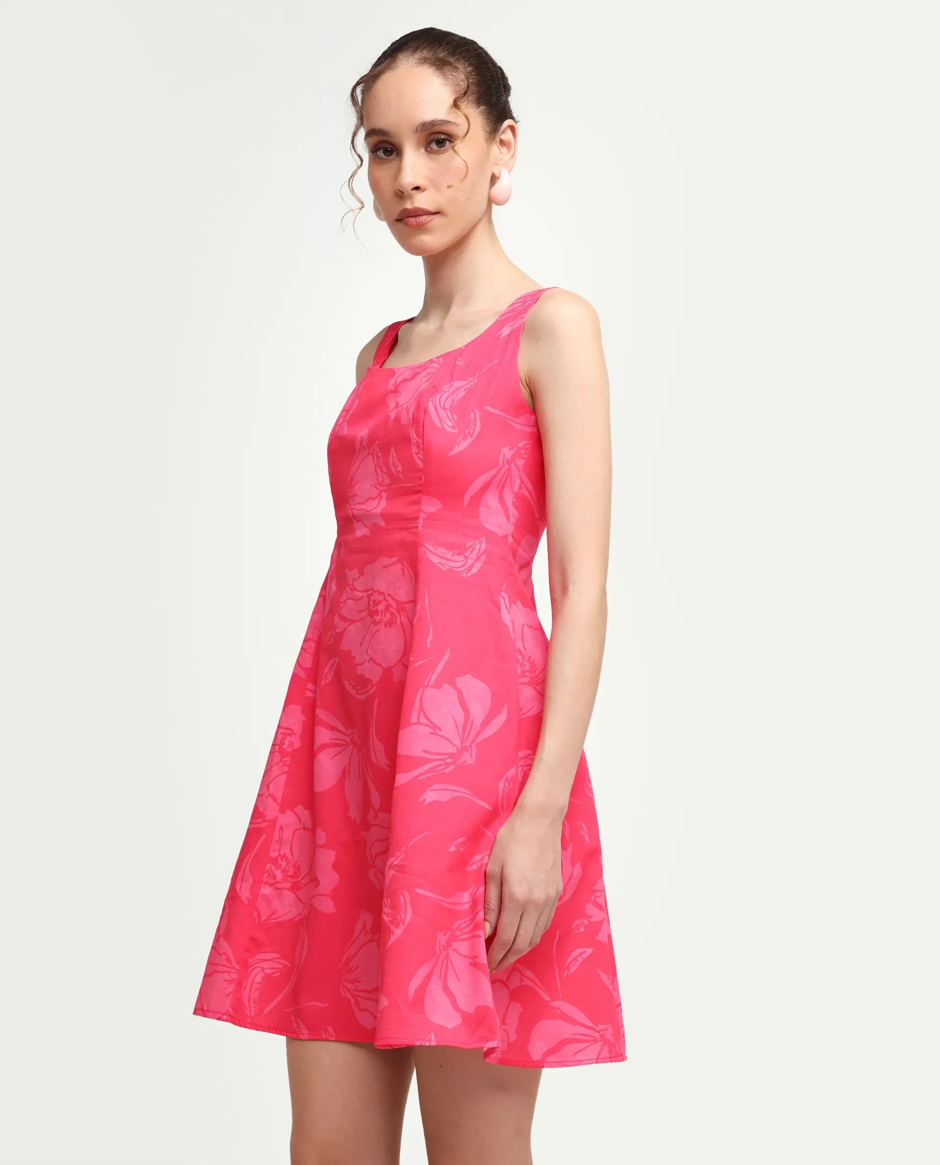 Rareism Women's Mopa Pink Cotton Blend Sleeveless Boat Neck Fit And Flare Floral Print Dress