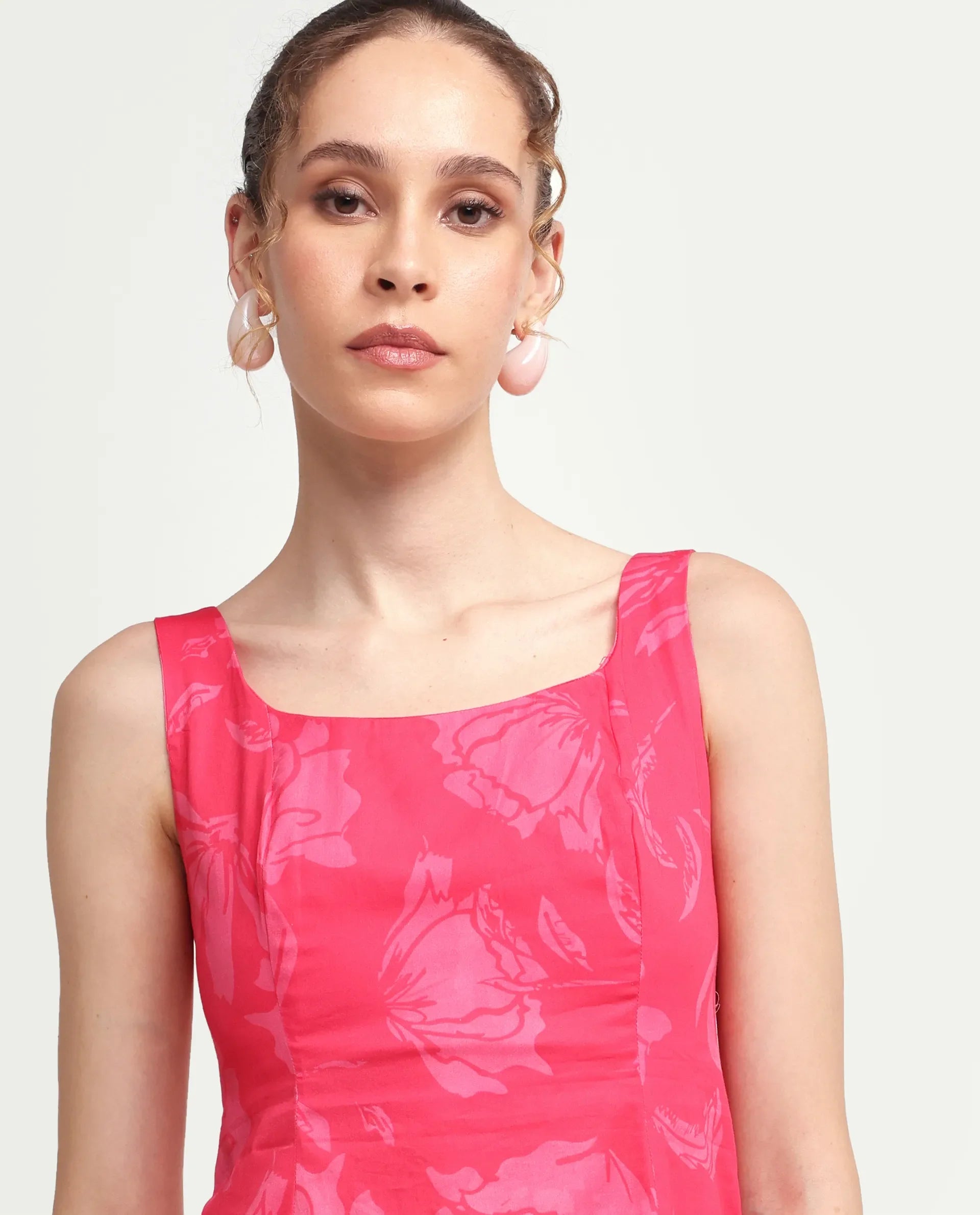 Rareism Women's Mopa Pink Cotton Blend Sleeveless Boat Neck Fit And Flare Floral Print Dress