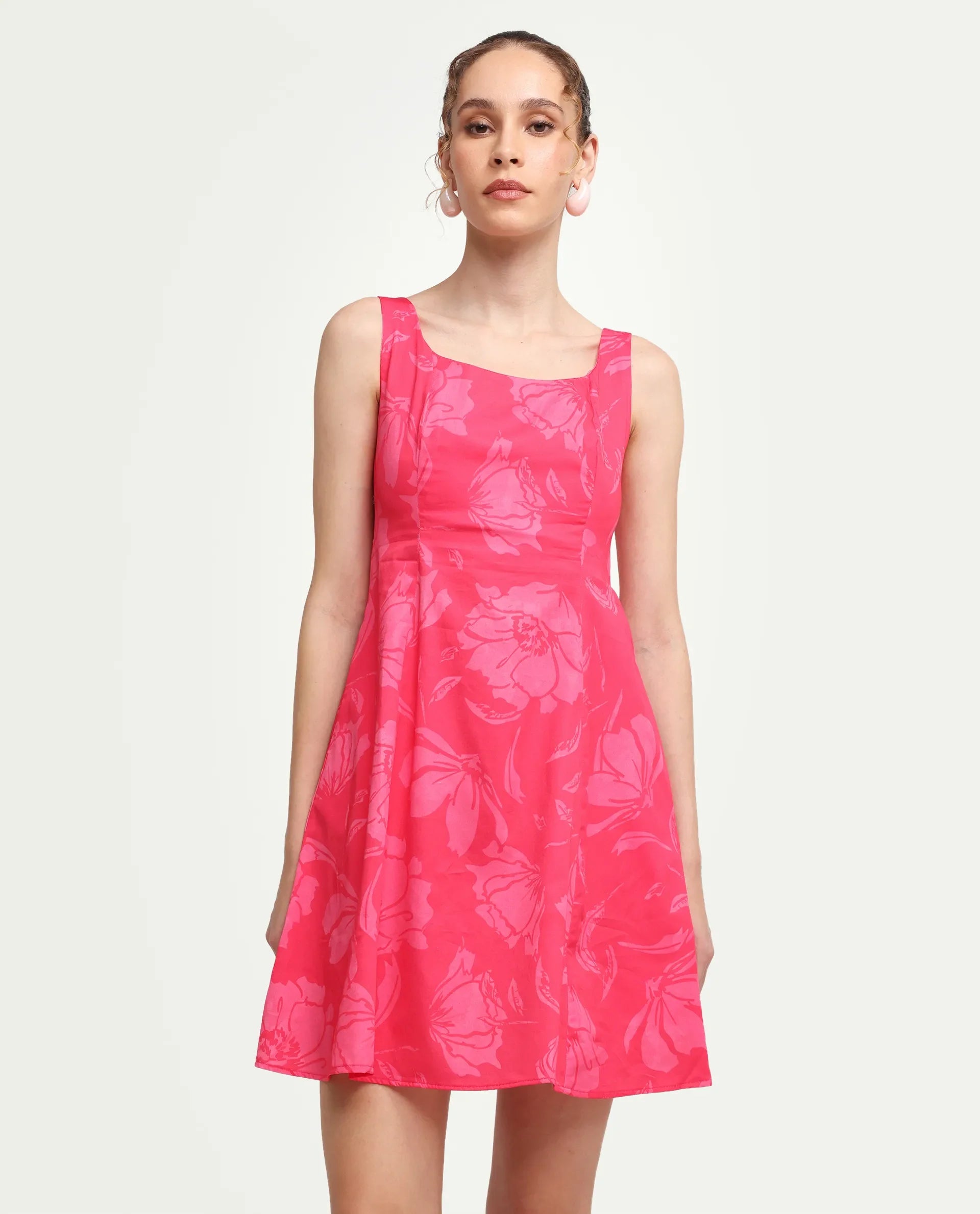 Rareism Women's Mopa Pink Cotton Blend Sleeveless Boat Neck Fit And Flare Floral Print Dress
