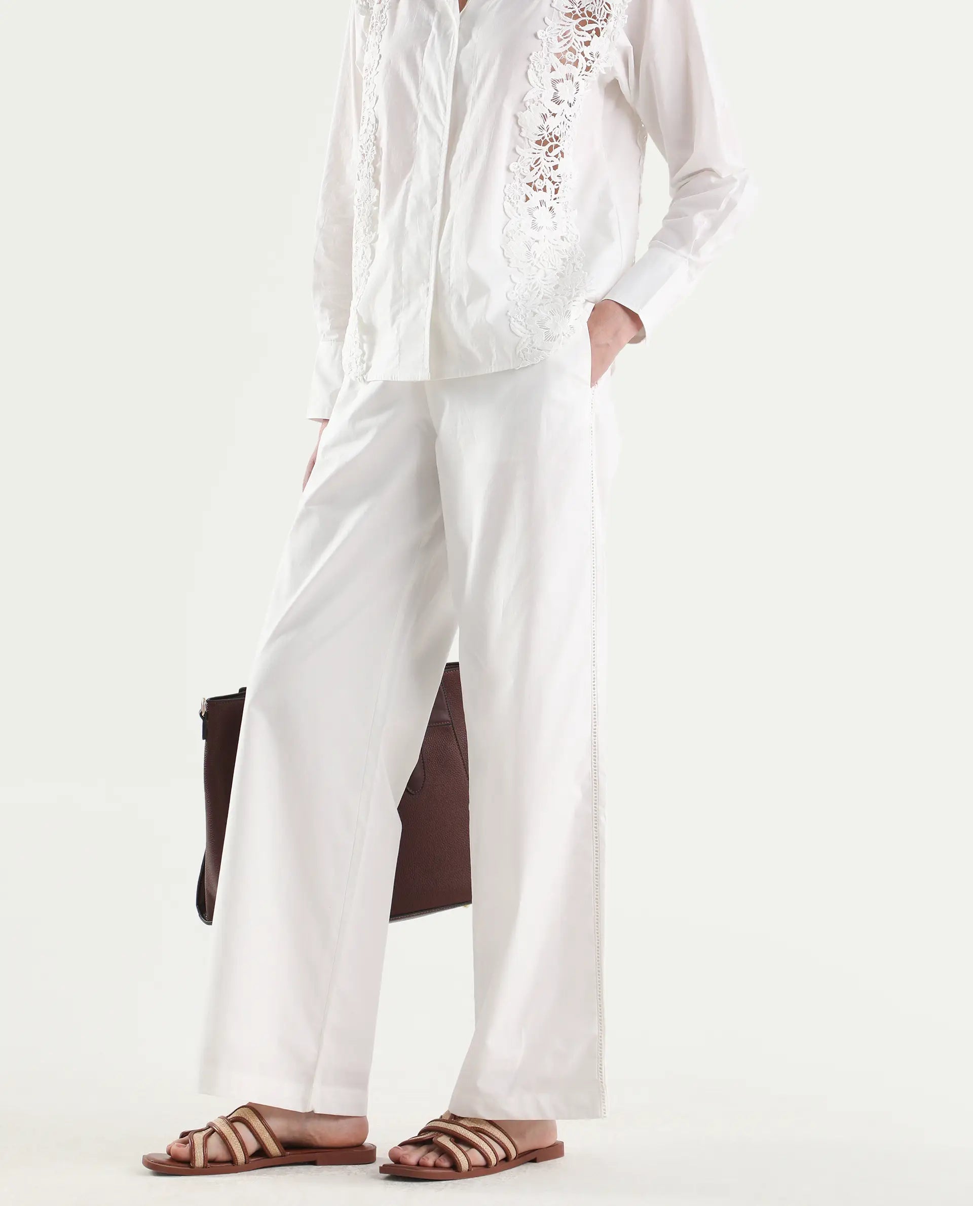 Rareism Women's Mysa-B Off White Cotton Blend Straight Plain Trouser