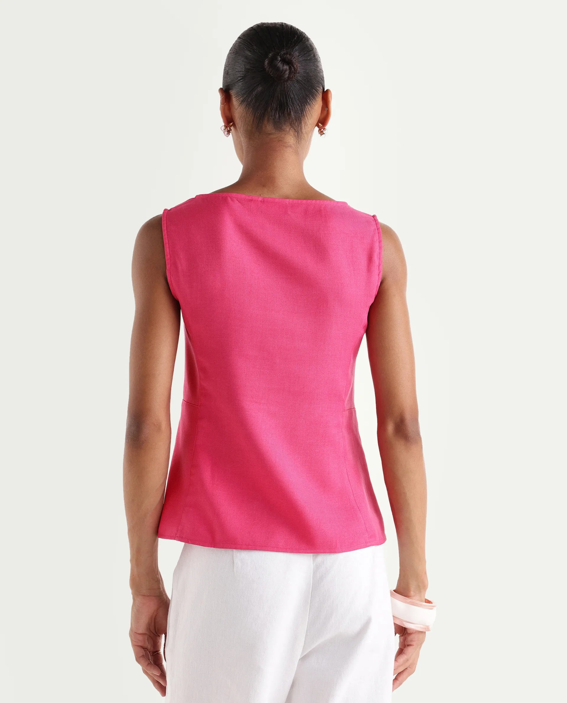 Rareism Women's Velan Pink Polyester Sleeveless Boat Neck Regular Top