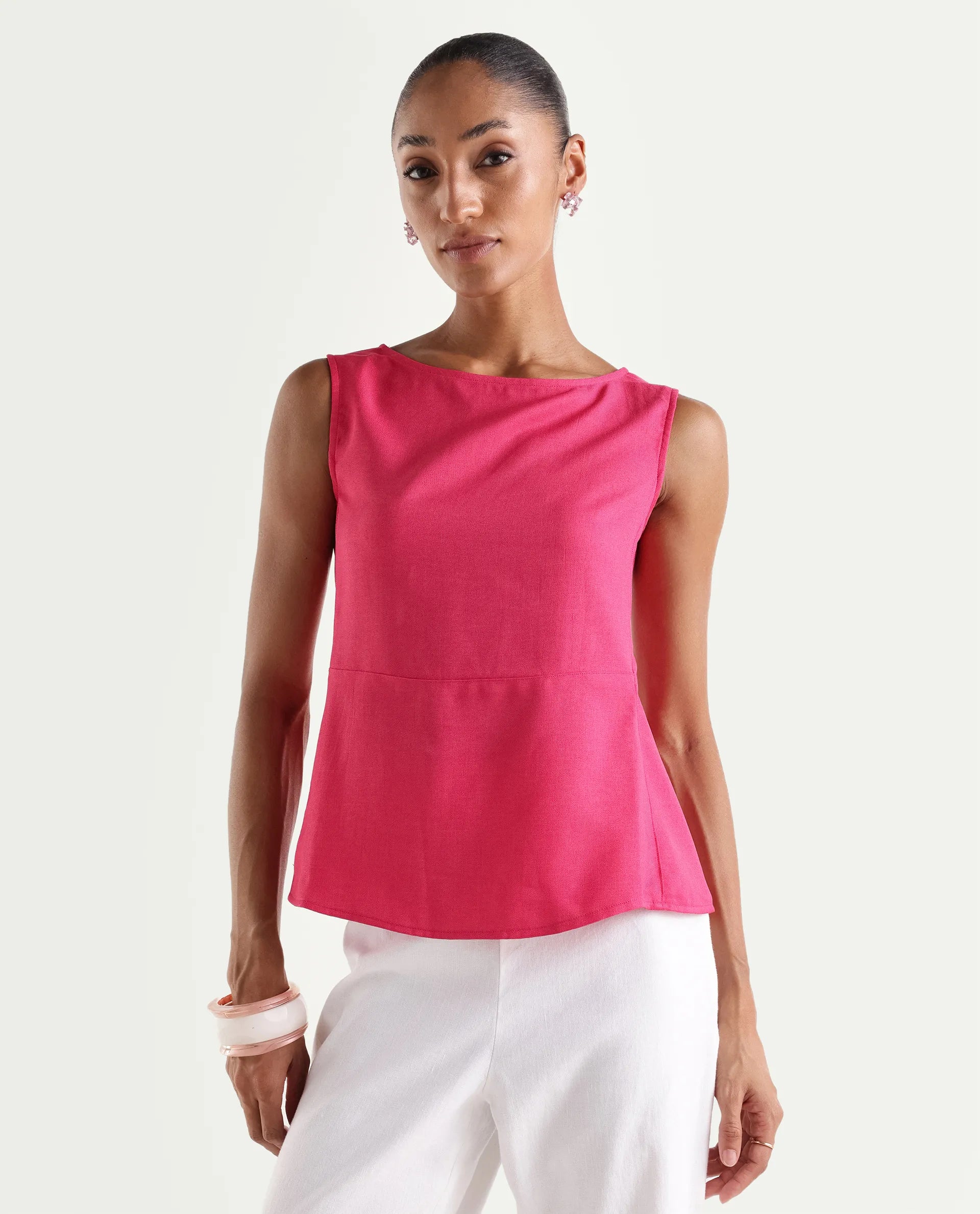 Rareism Women's Velan Pink Polyester Sleeveless Boat Neck Regular Top