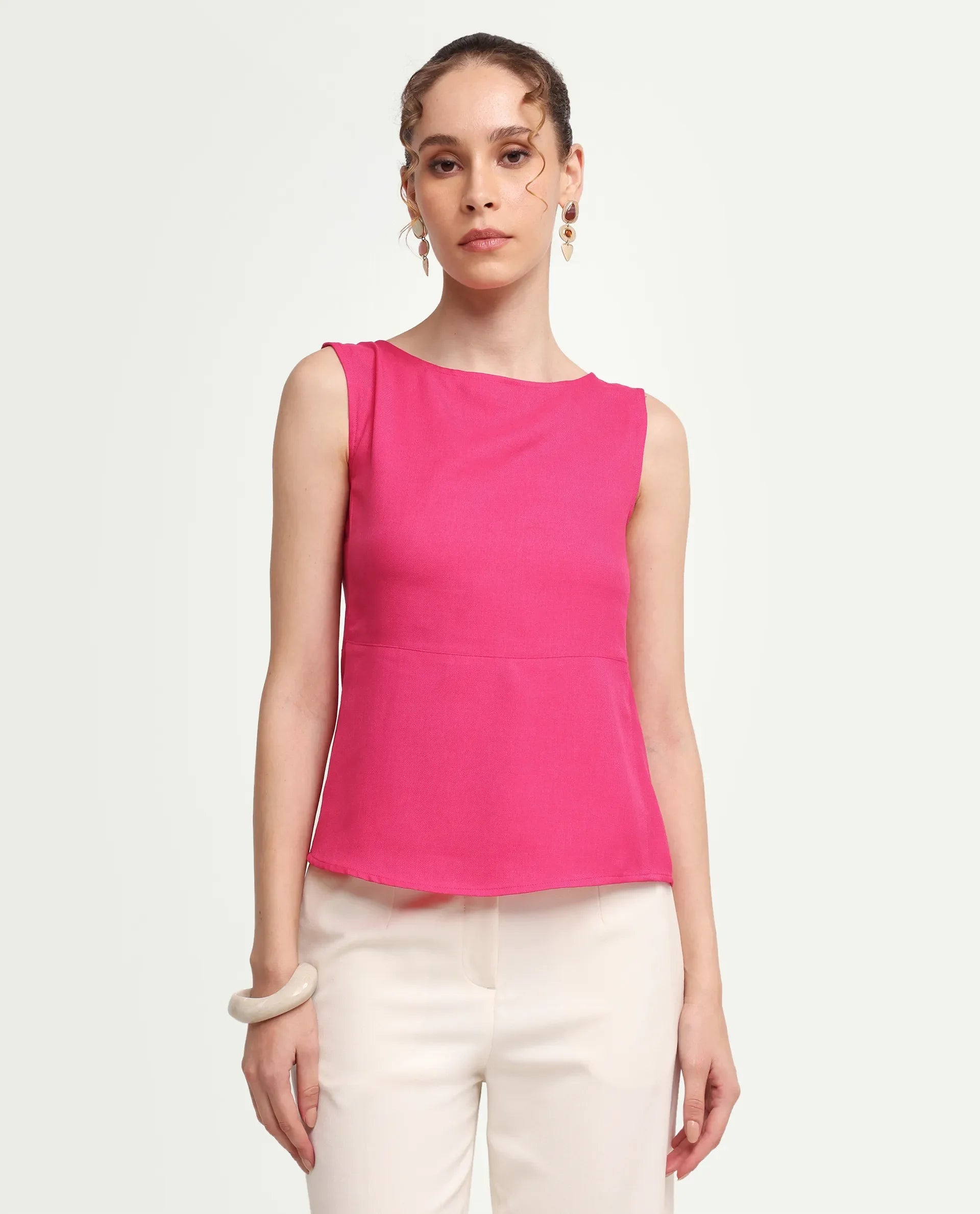 Rareism Women's Velan Pink Polyester Sleeveless Boat Neck Regular Top