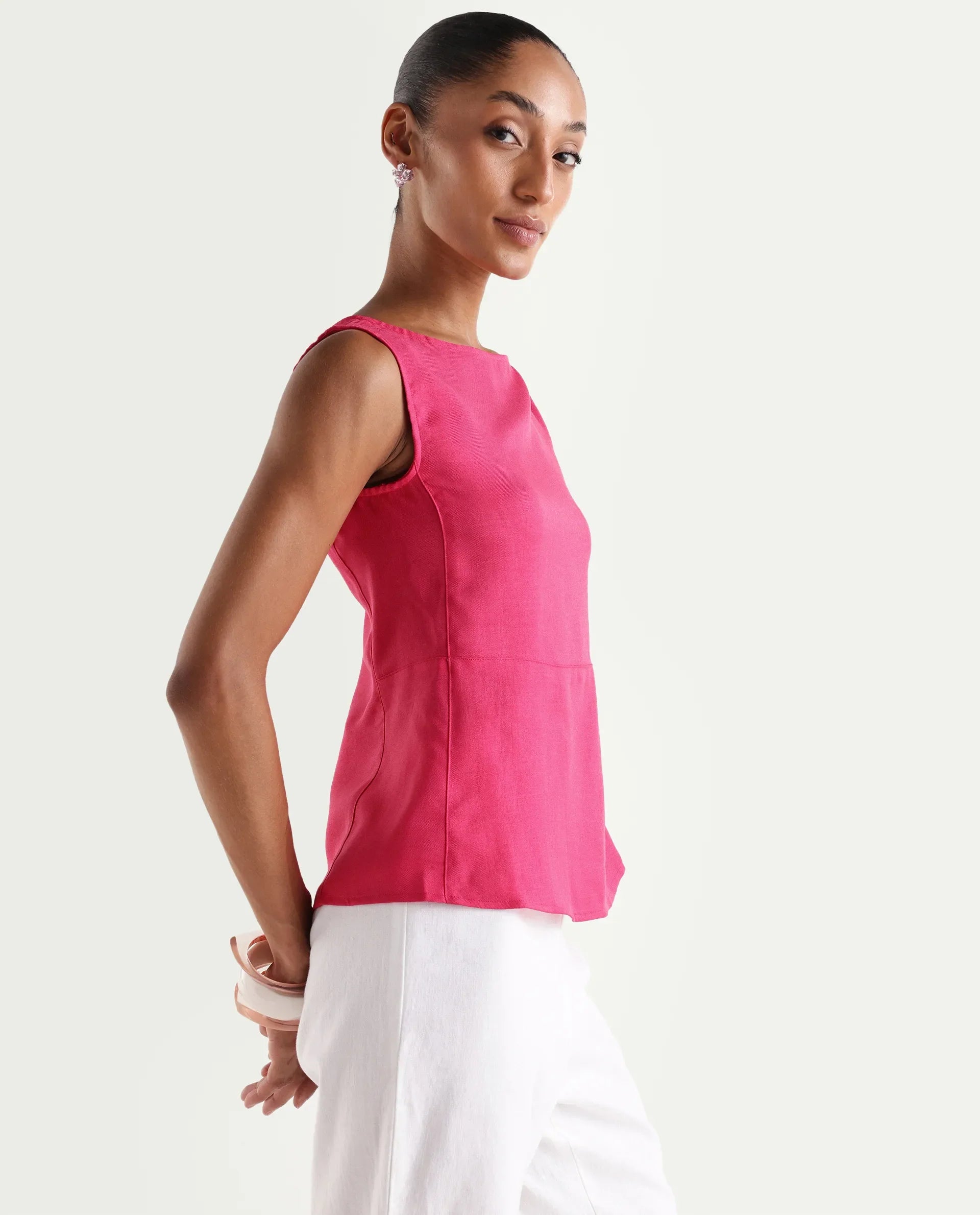 Rareism Women's Velan Pink Polyester Sleeveless Boat Neck Regular Top