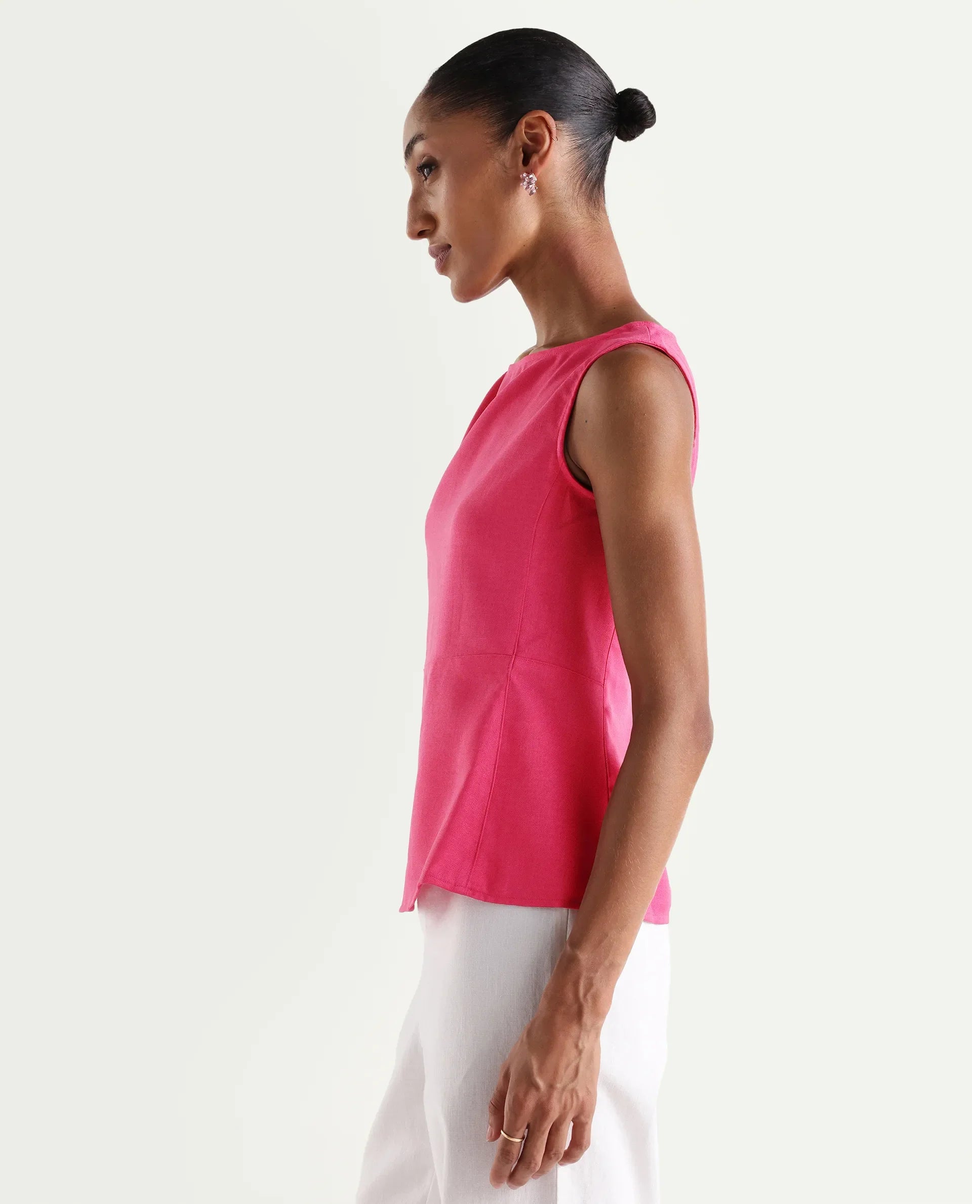 Rareism Women's Velan Pink Polyester Sleeveless Boat Neck Regular Top