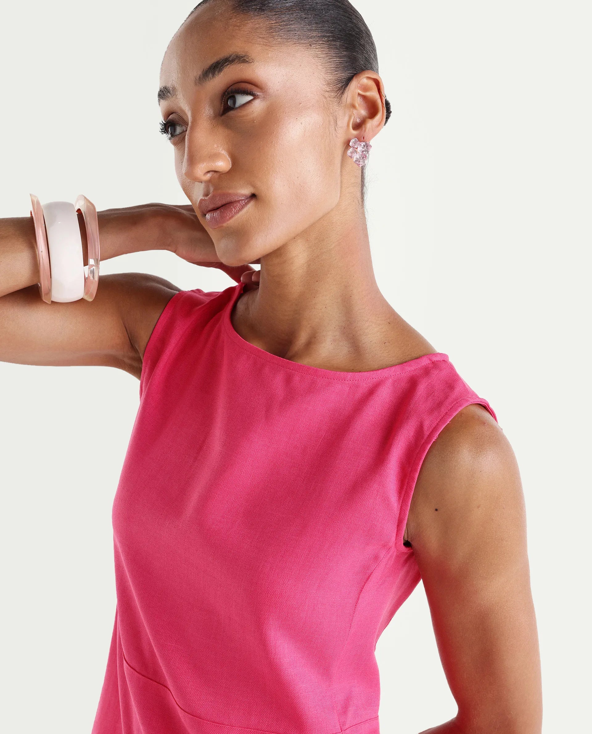 Rareism Women's Velan Pink Polyester Sleeveless Boat Neck Regular Top