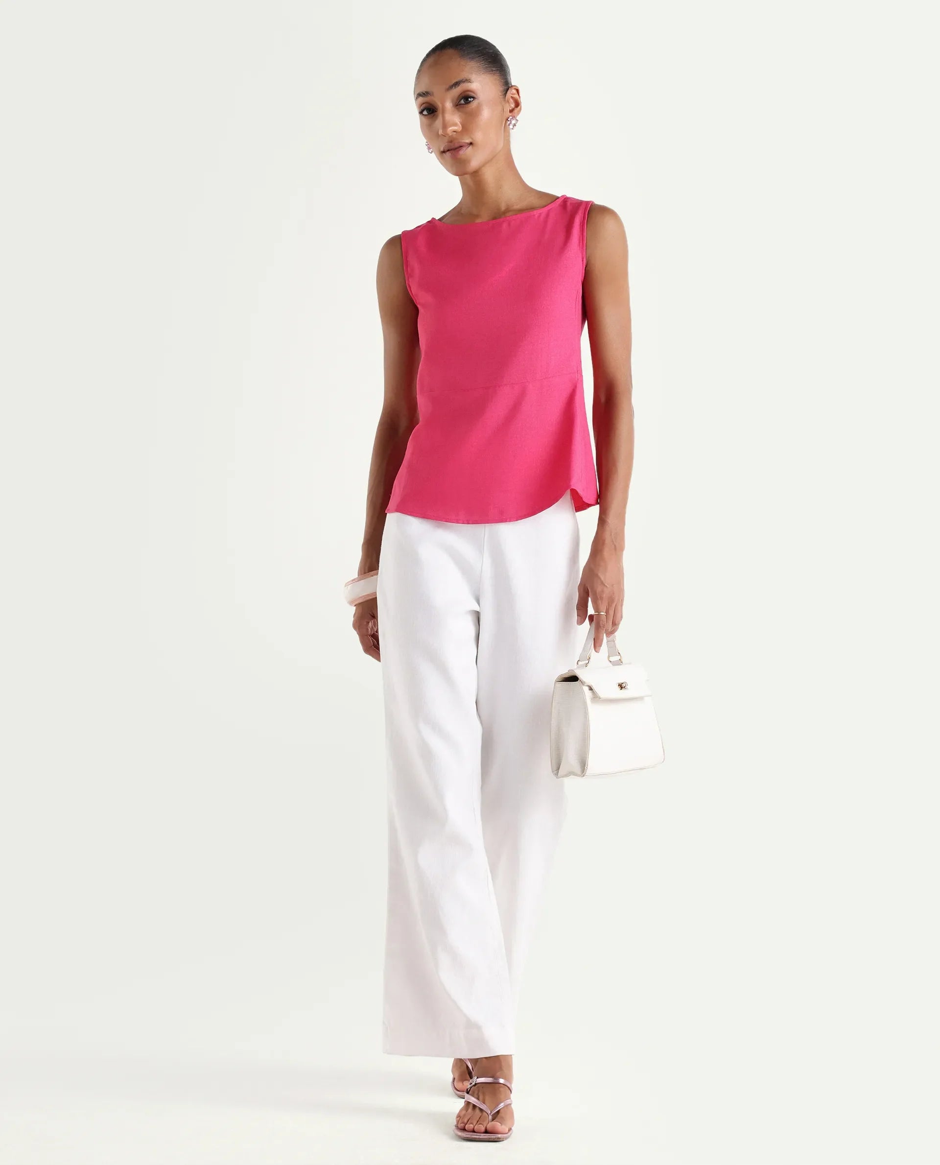 Rareism Women's Velan Pink Polyester Sleeveless Boat Neck Regular Top