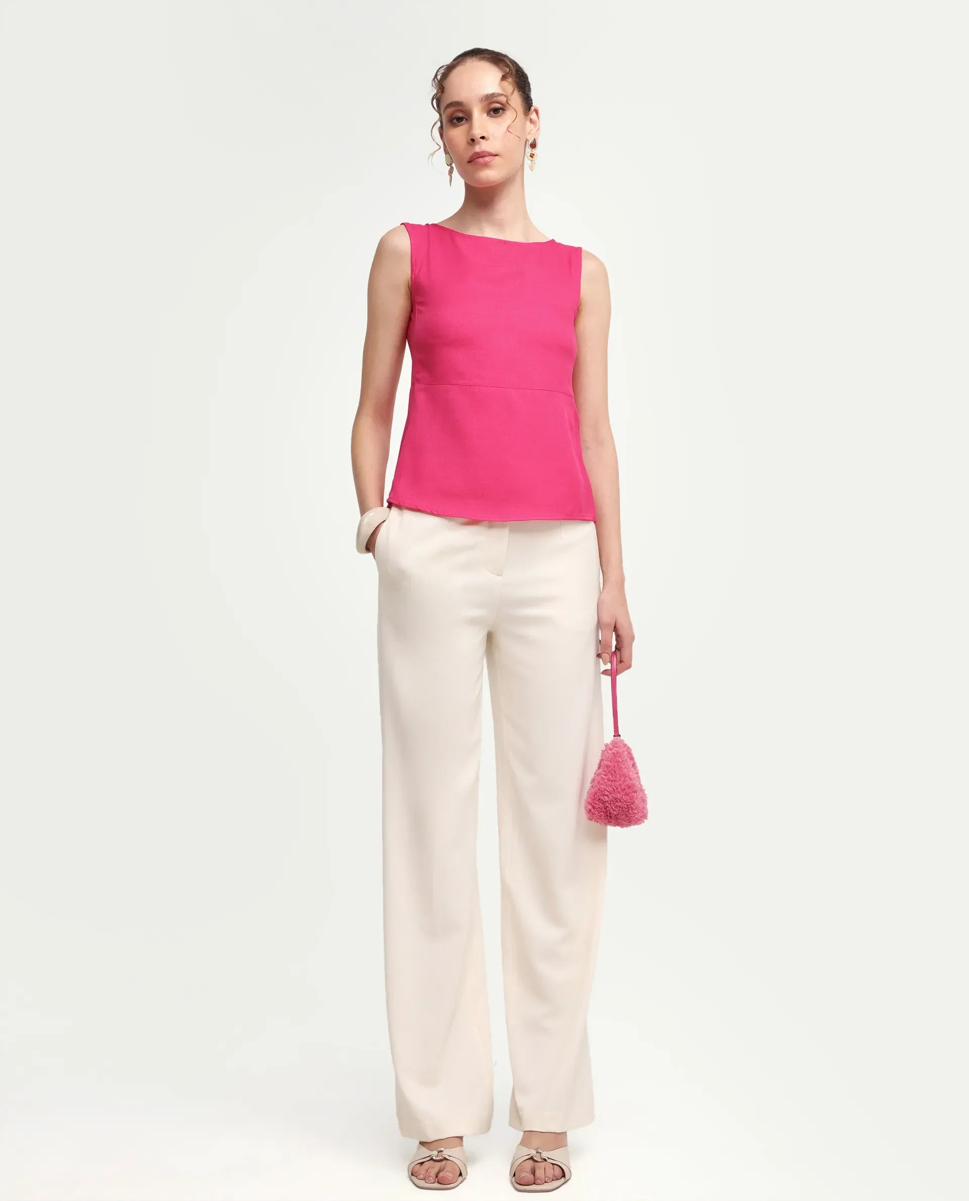 Rareism Women's Velan Pink Polyester Sleeveless Boat Neck Regular Top