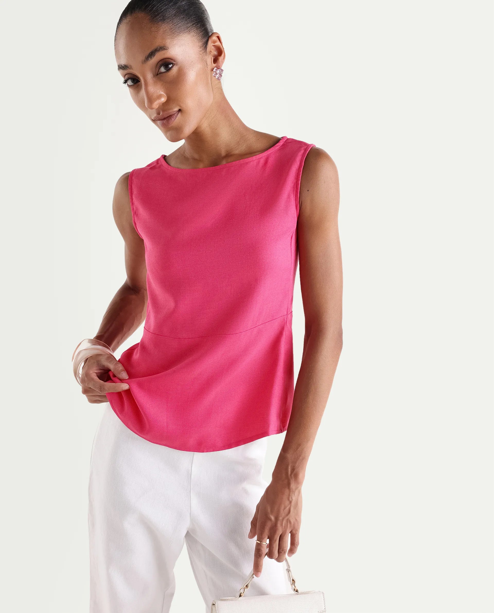 Rareism Women's Velan Pink Polyester Sleeveless Boat Neck Regular Top