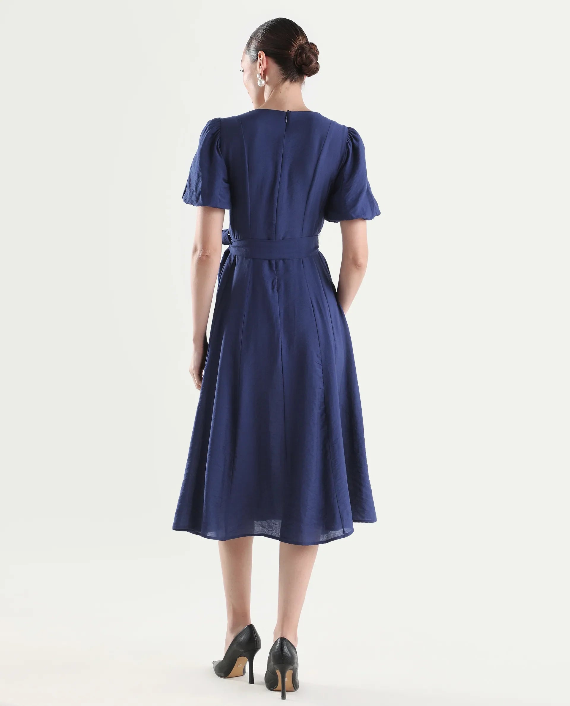 Rareism Women's Addvan Navy Half Sleeve V-Neck A-Line Plain Dress