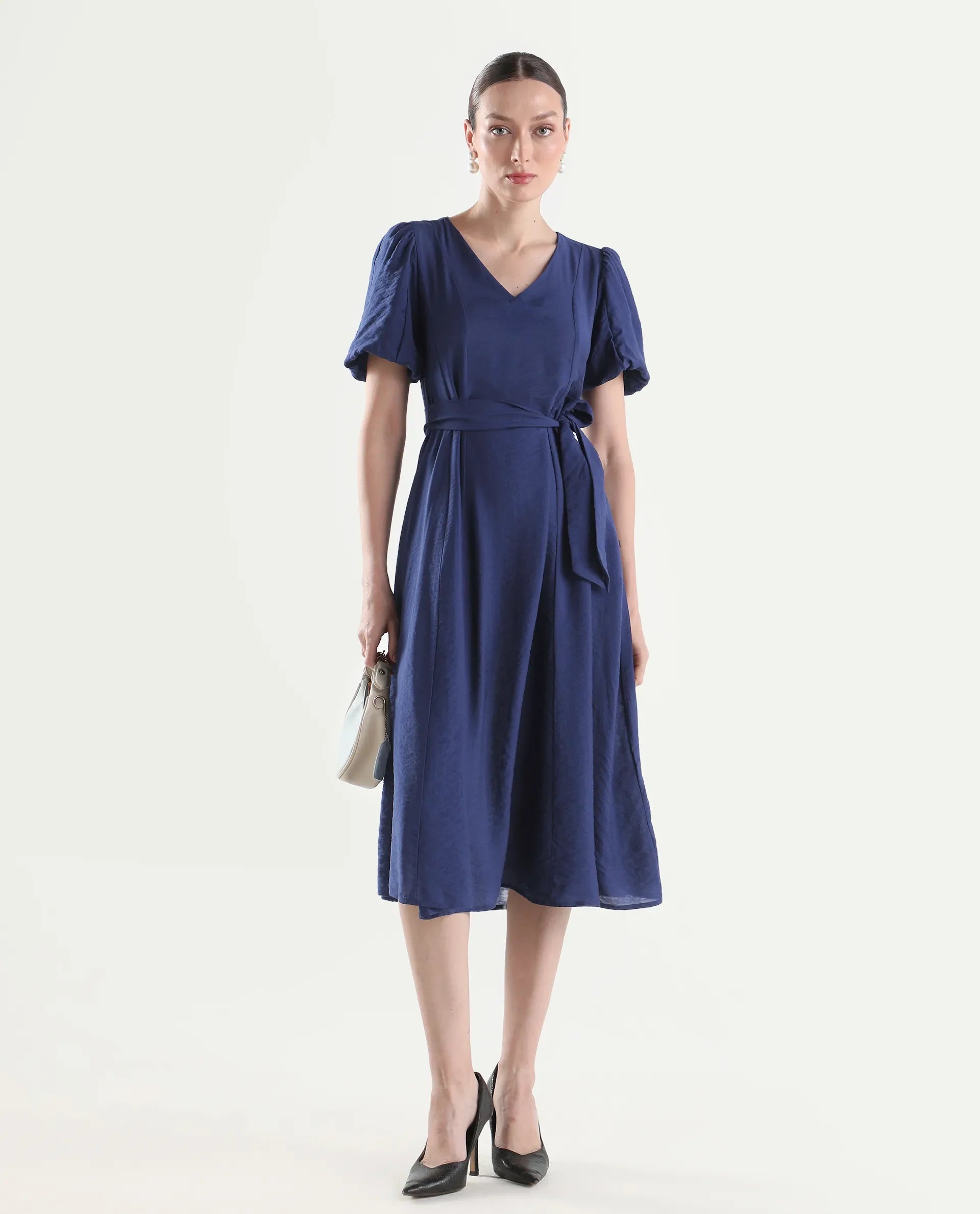 Rareism Women's Addvan Navy Half Sleeve V-Neck A-Line Plain Dress