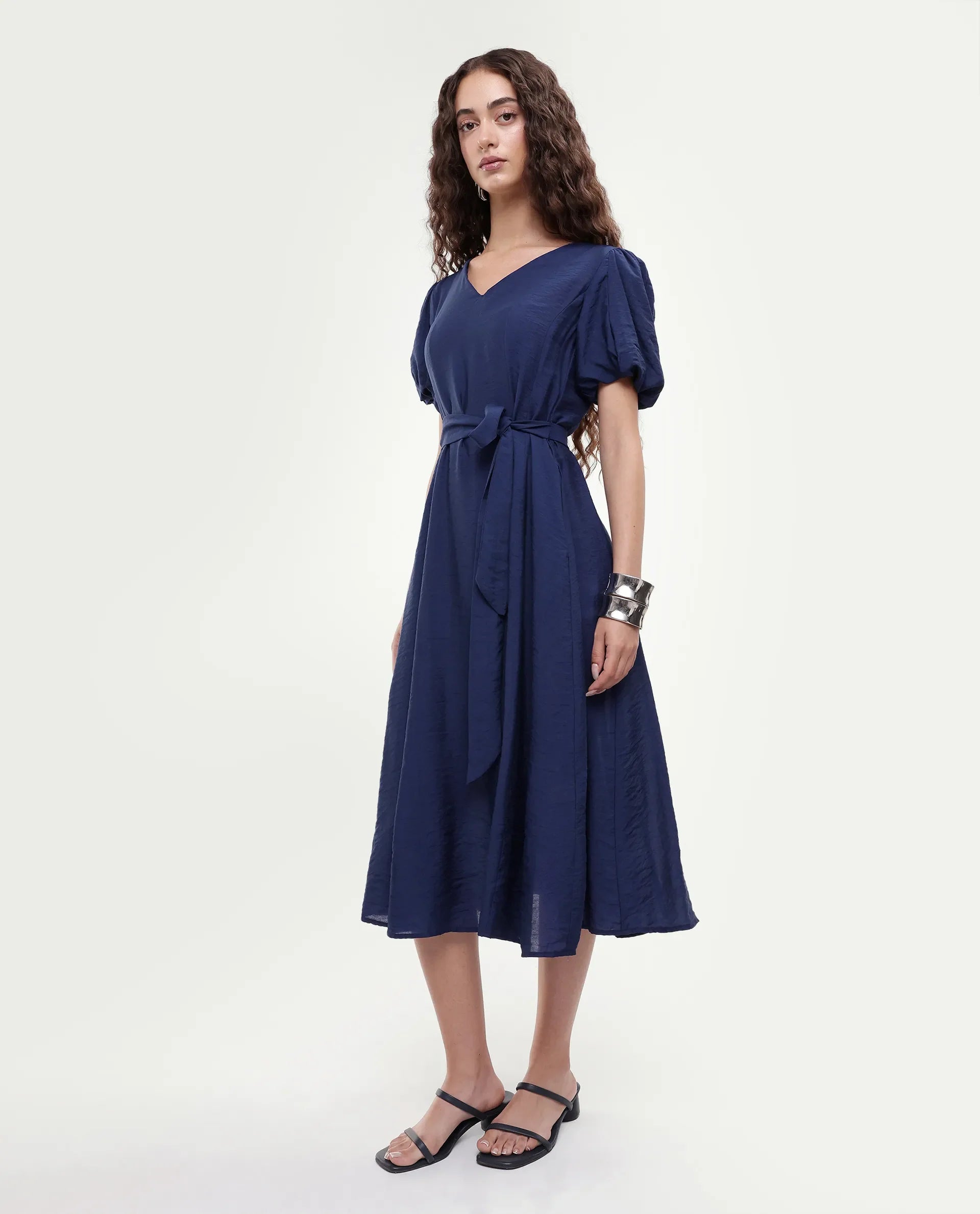 Rareism Women's Addvan Navy Half Sleeve V-Neck A-Line Plain Dress