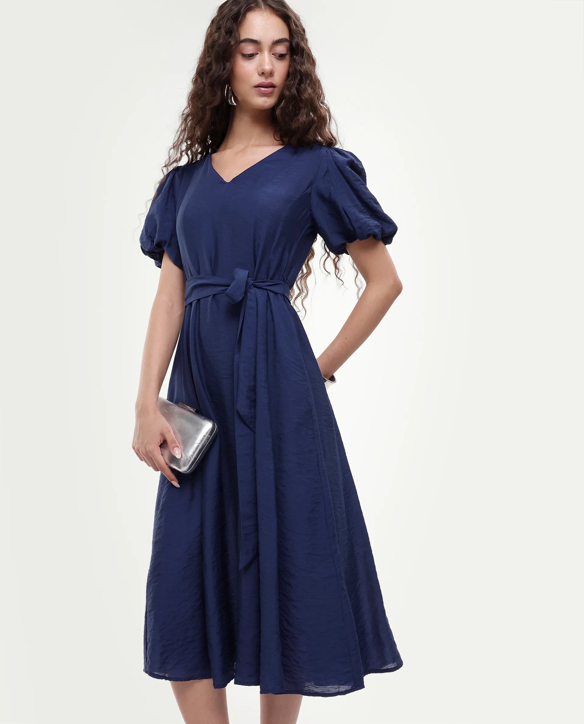 Rareism Women's Addvan Navy Half Sleeve V-Neck A-Line Plain Dress