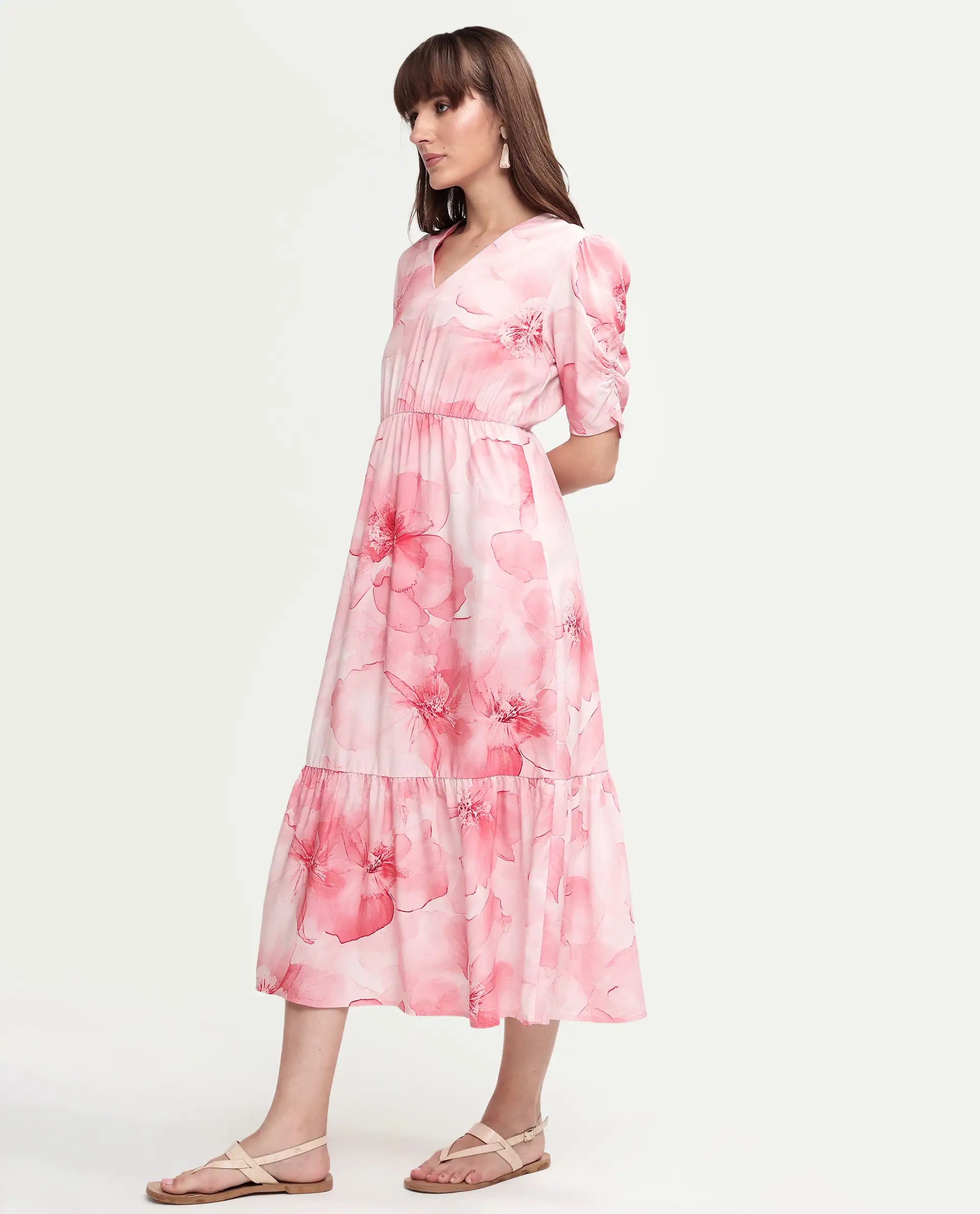 Rareism Women's Vuxo Peach Viscose Half Sleeve V-Neck Fit And Flare Floral Print Dress