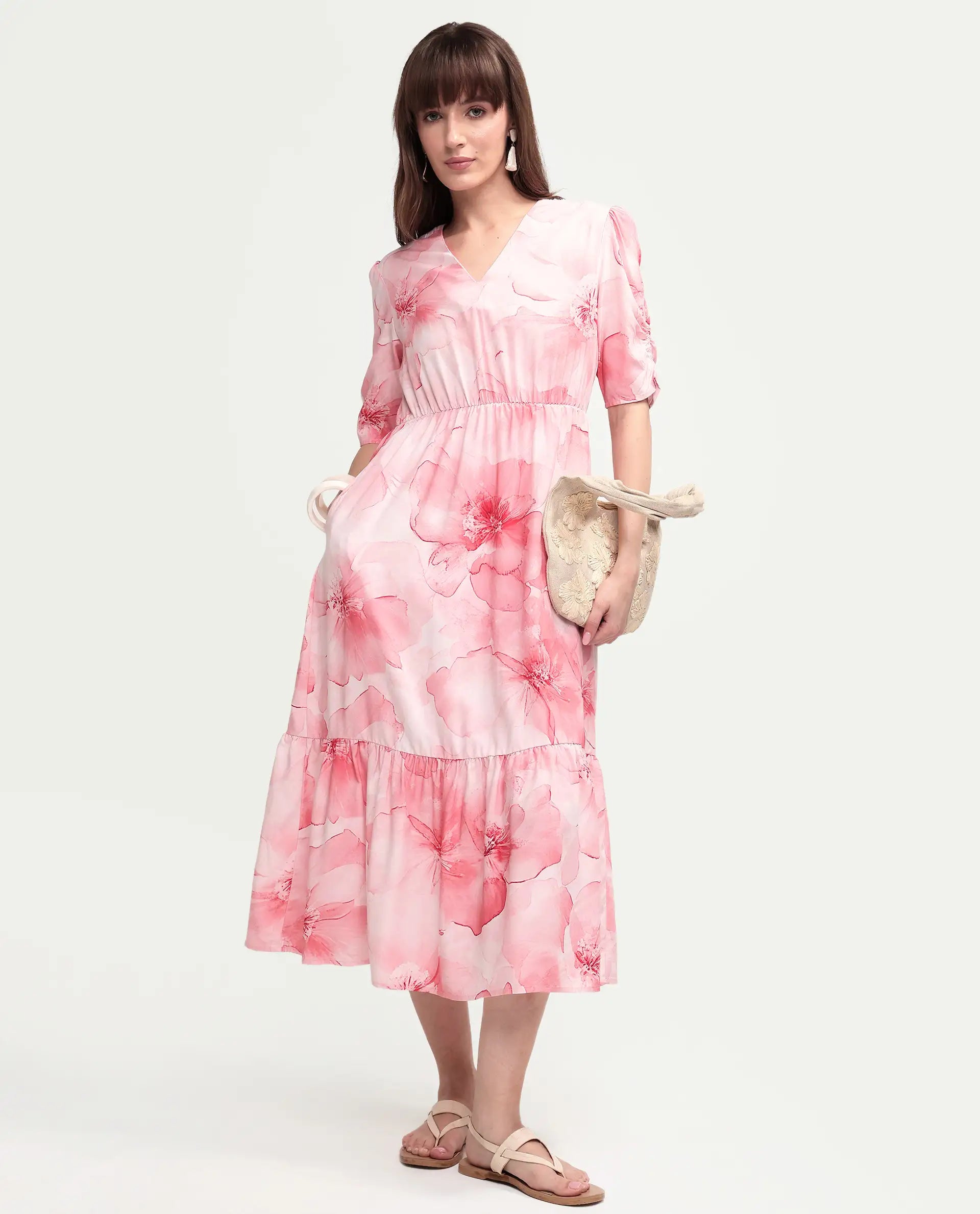 Rareism Women's Vuxo Peach Viscose Half Sleeve V-Neck Fit And Flare Floral Print Dress