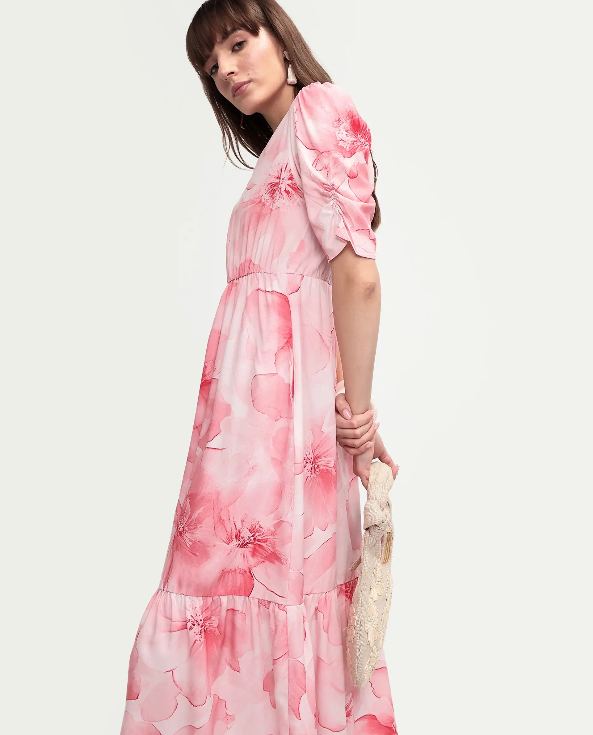 Rareism Women's Vuxo Peach Viscose Half Sleeve V-Neck Fit And Flare Floral Print Dress