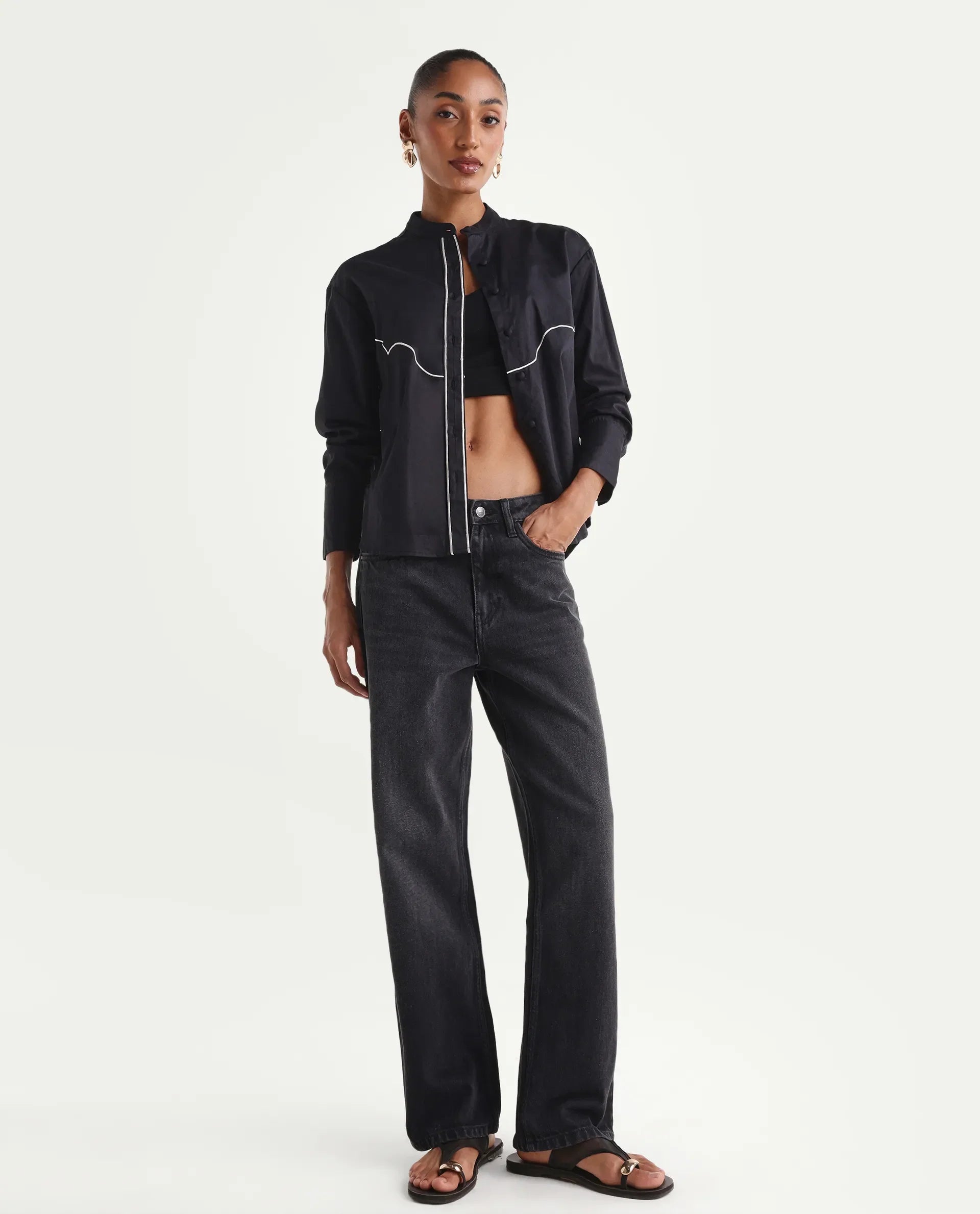 Rareism Women's Strine Black Cotton Straight Fit Plain Jeans