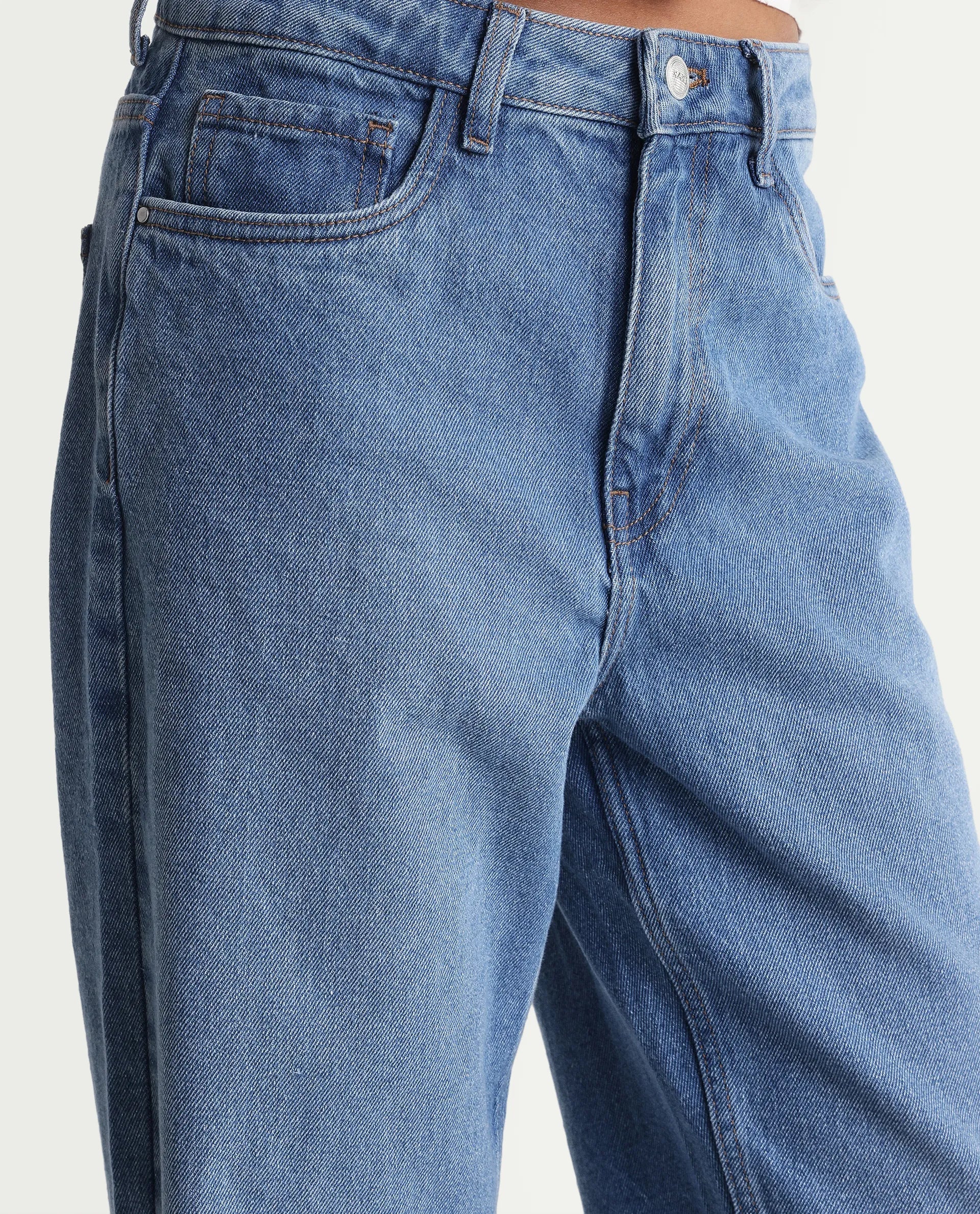 Rareism Women's Strade Blue Cotton Straight Fit Plain Jeans