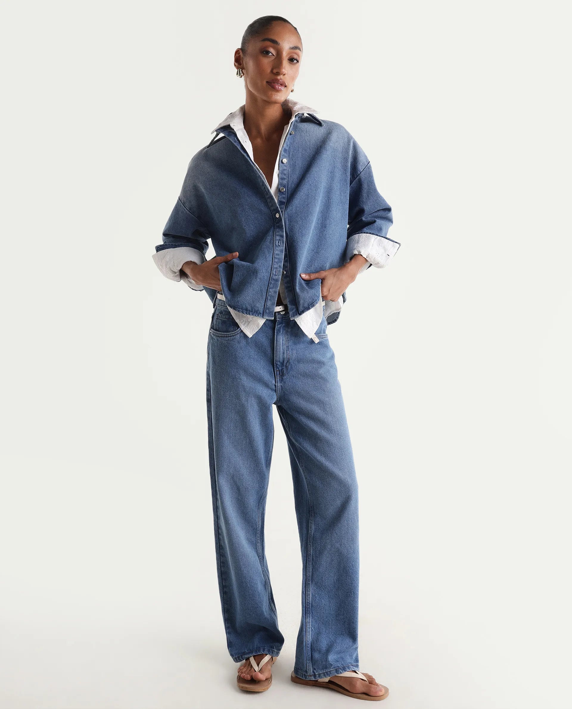 Rareism Women's Strade Blue Cotton Straight Fit Plain Jeans