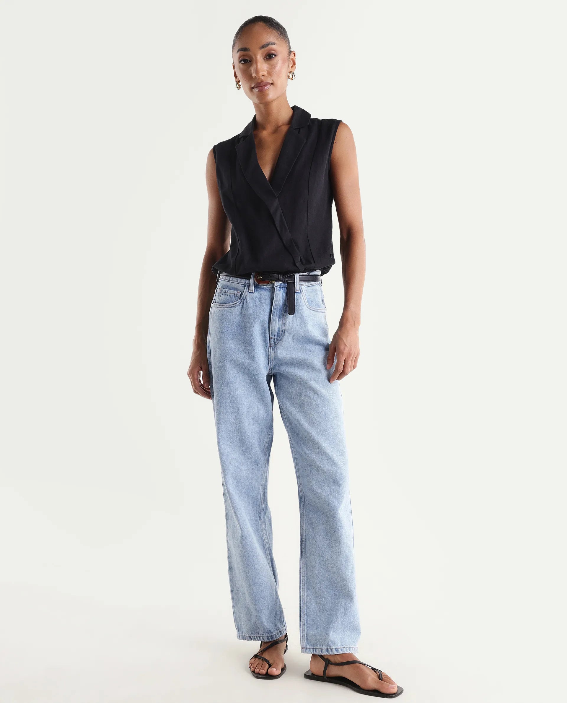 Rareism Women's Strefin Light Blue Cotton Straight Fit Plain Jeans