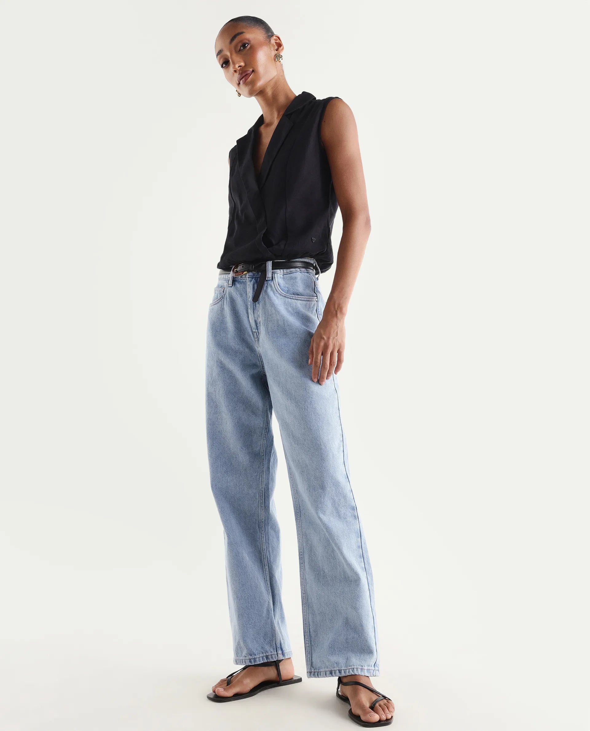 Rareism Women's Strefin Light Blue Cotton Straight Fit Plain Jeans