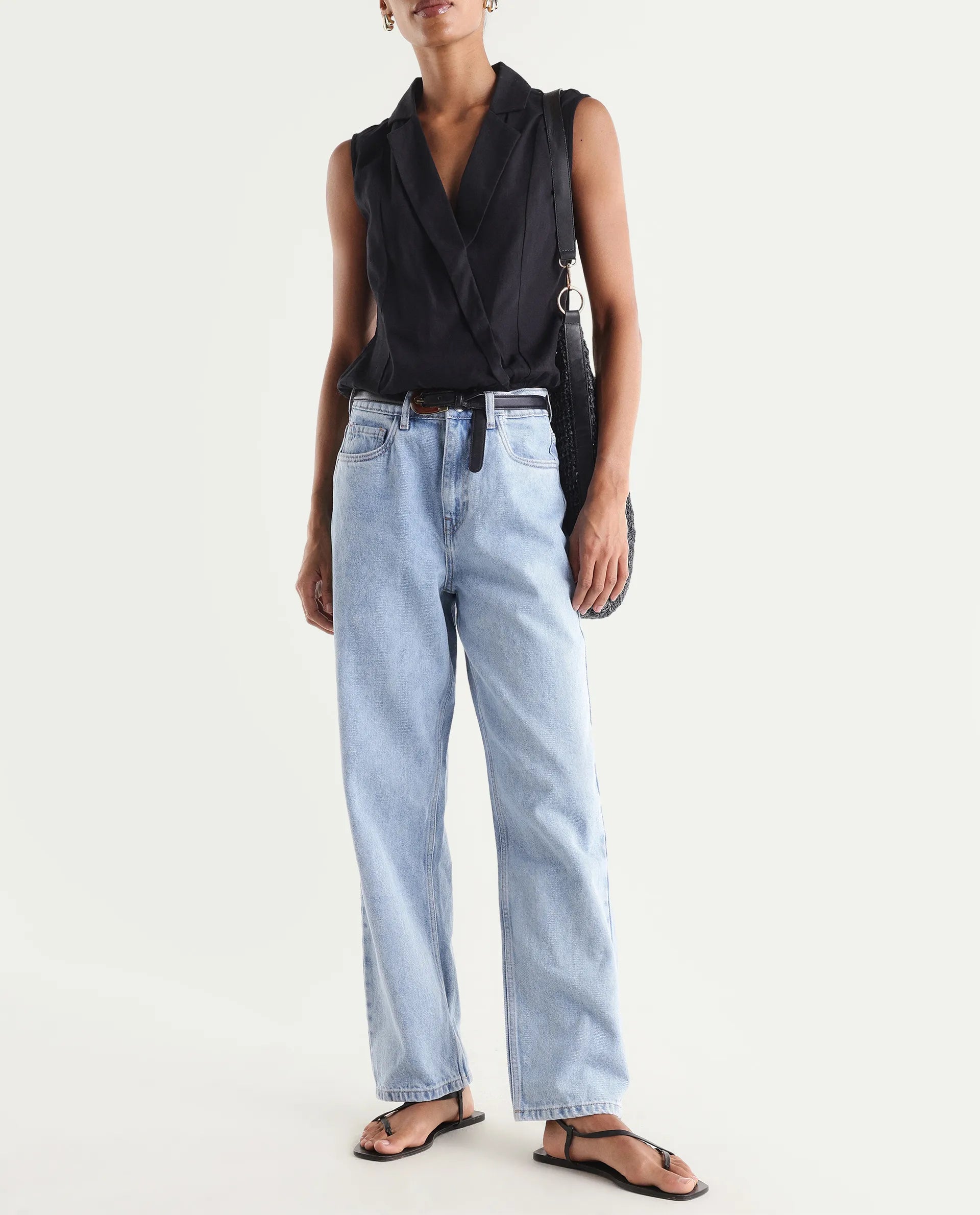 Rareism Women's Strefin Light Blue Cotton Straight Fit Plain Jeans