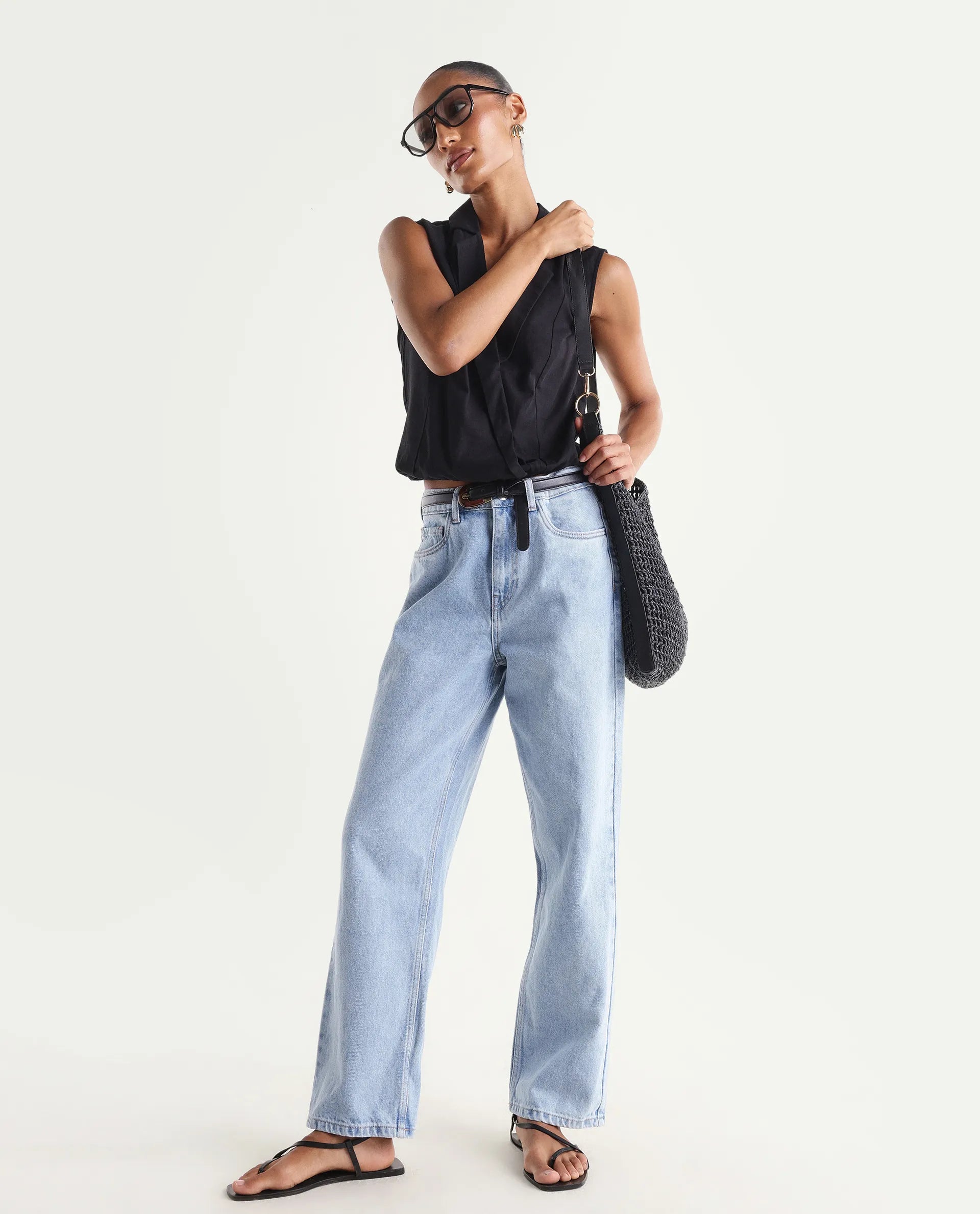 Rareism Women's Strefin Light Blue Cotton Straight Fit Plain Jeans