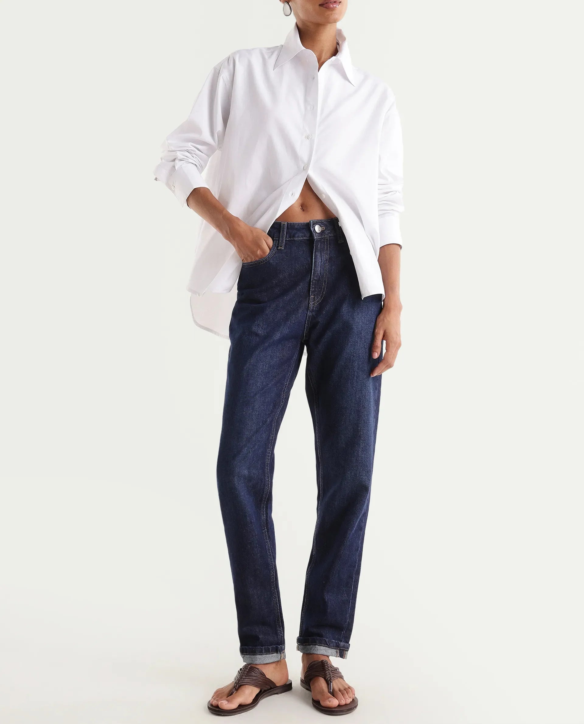 Rareism Women's Momind Dark Navy Cotton Blend Mom Fit Plain Jeans