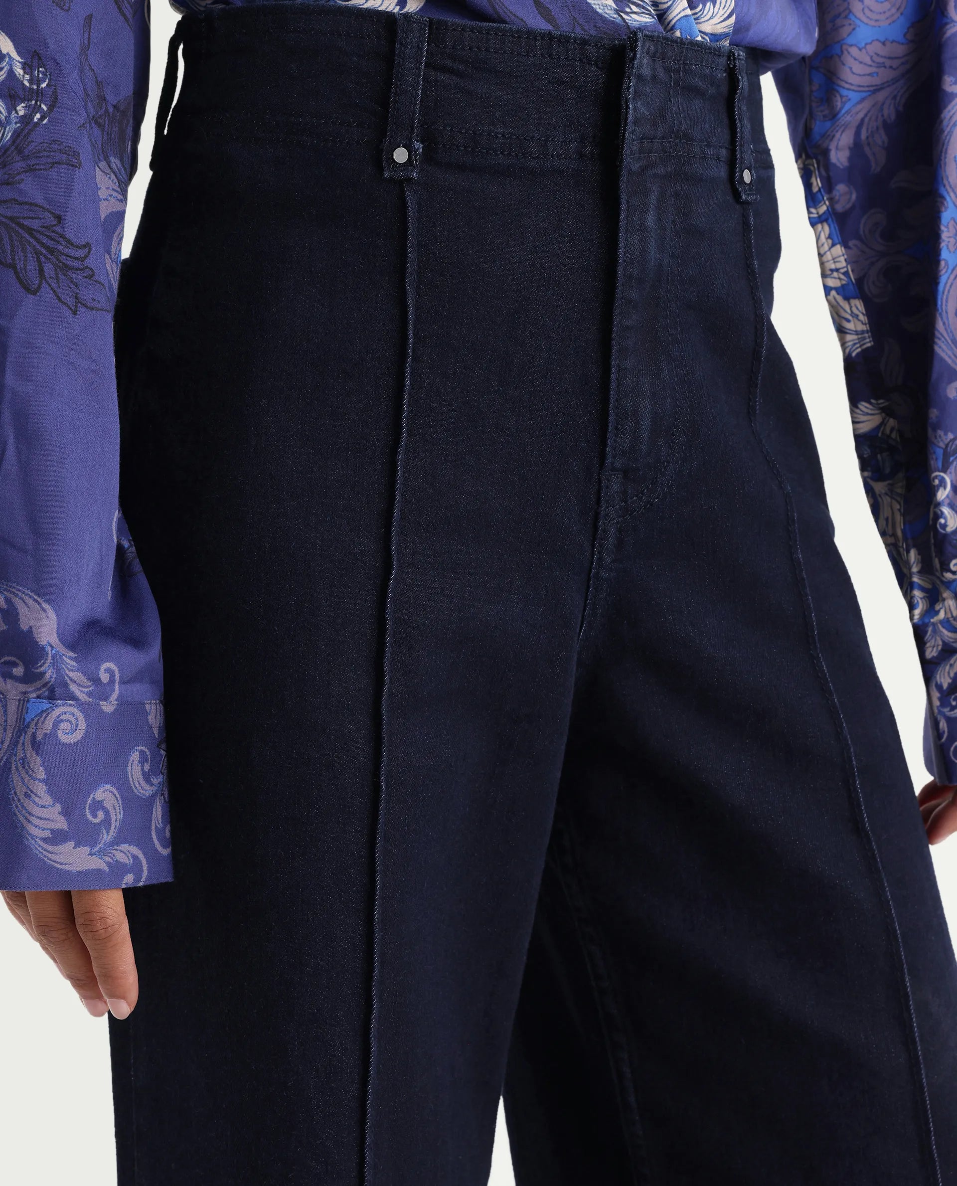 Rareism Women's Exora Dark Navy Cotton Blend Wide Leg Plain Jeans