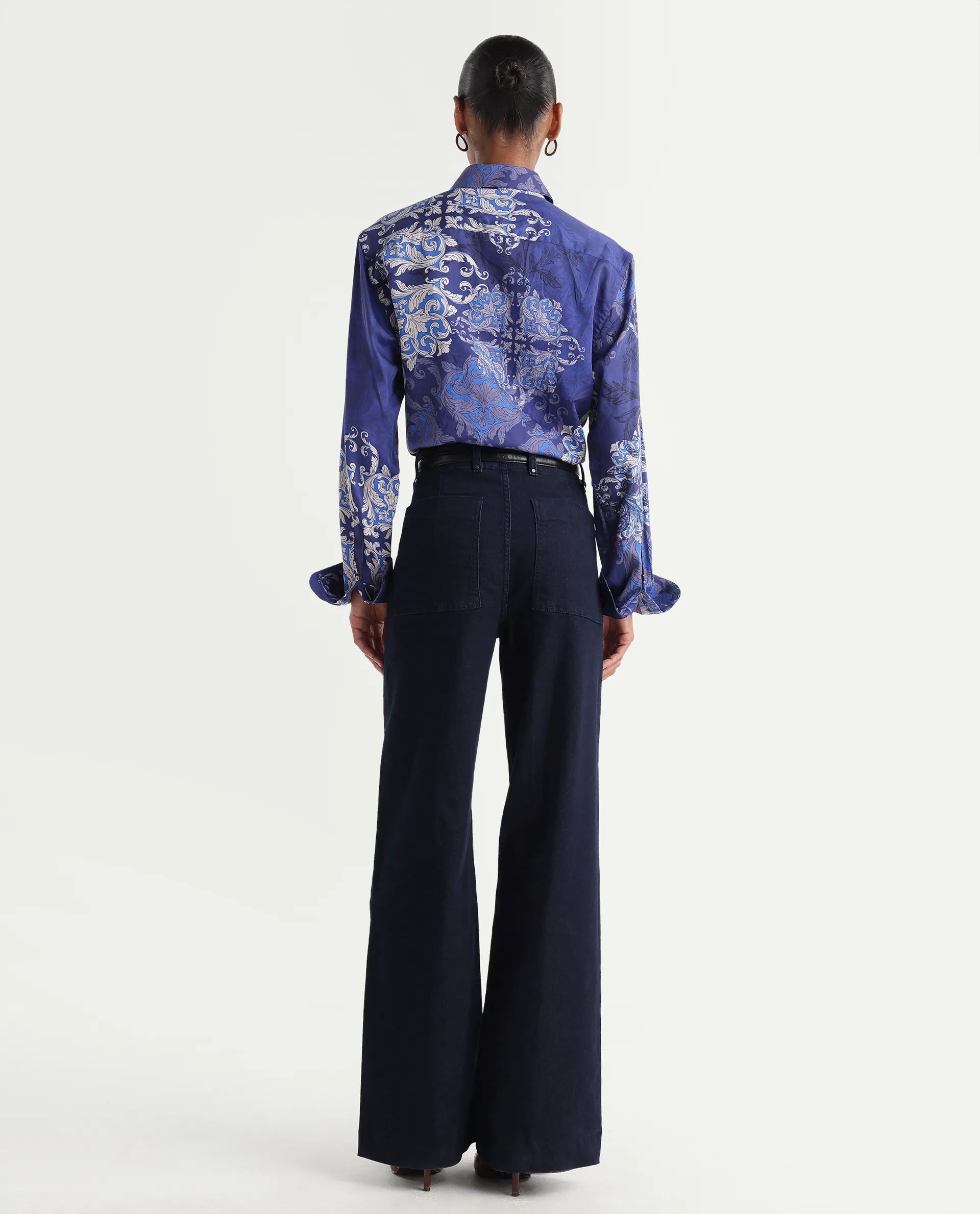 Rareism Women's Exora Dark Navy Cotton Blend Wide Leg Plain Jeans