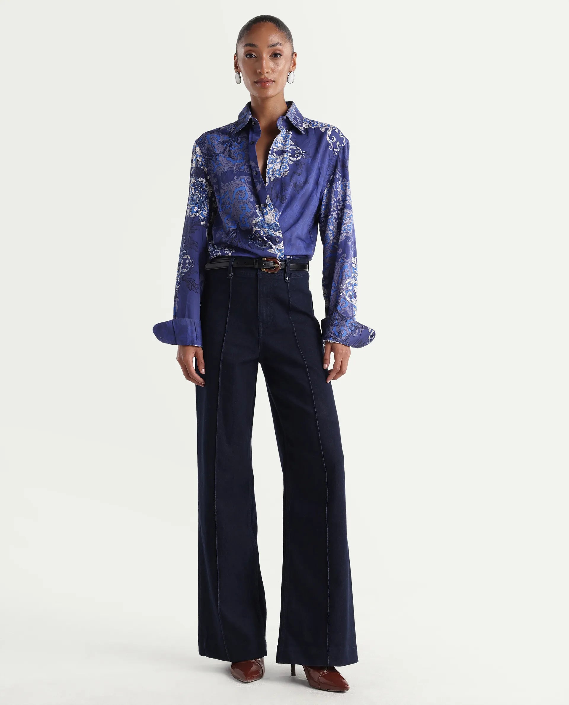 Rareism Women's Exora Dark Navy Cotton Blend Wide Leg Plain Jeans