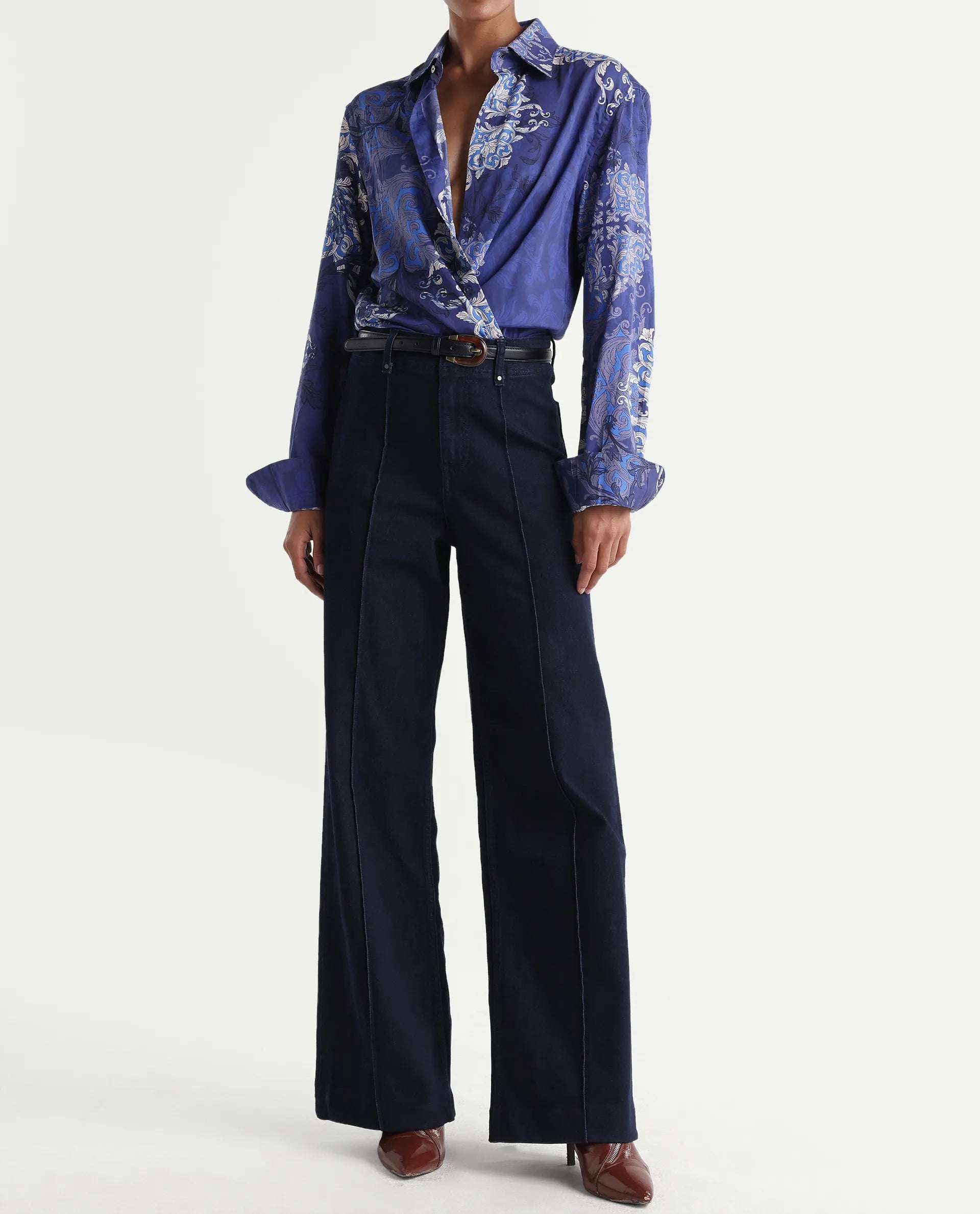 Rareism Women's Exora Dark Navy Cotton Blend Wide Leg Plain Jeans