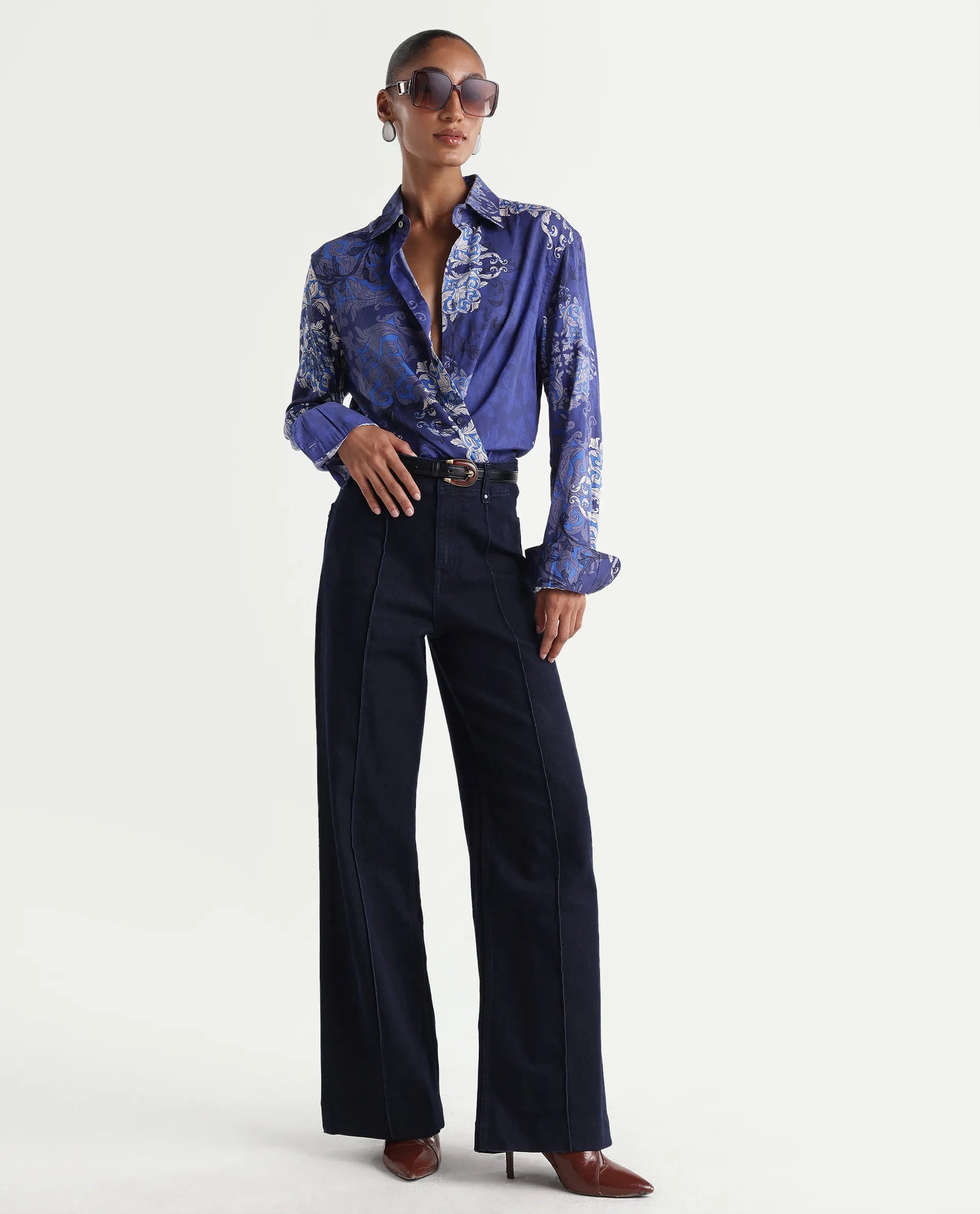 Rareism Women's Exora Dark Navy Cotton Blend Wide Leg Plain Jeans