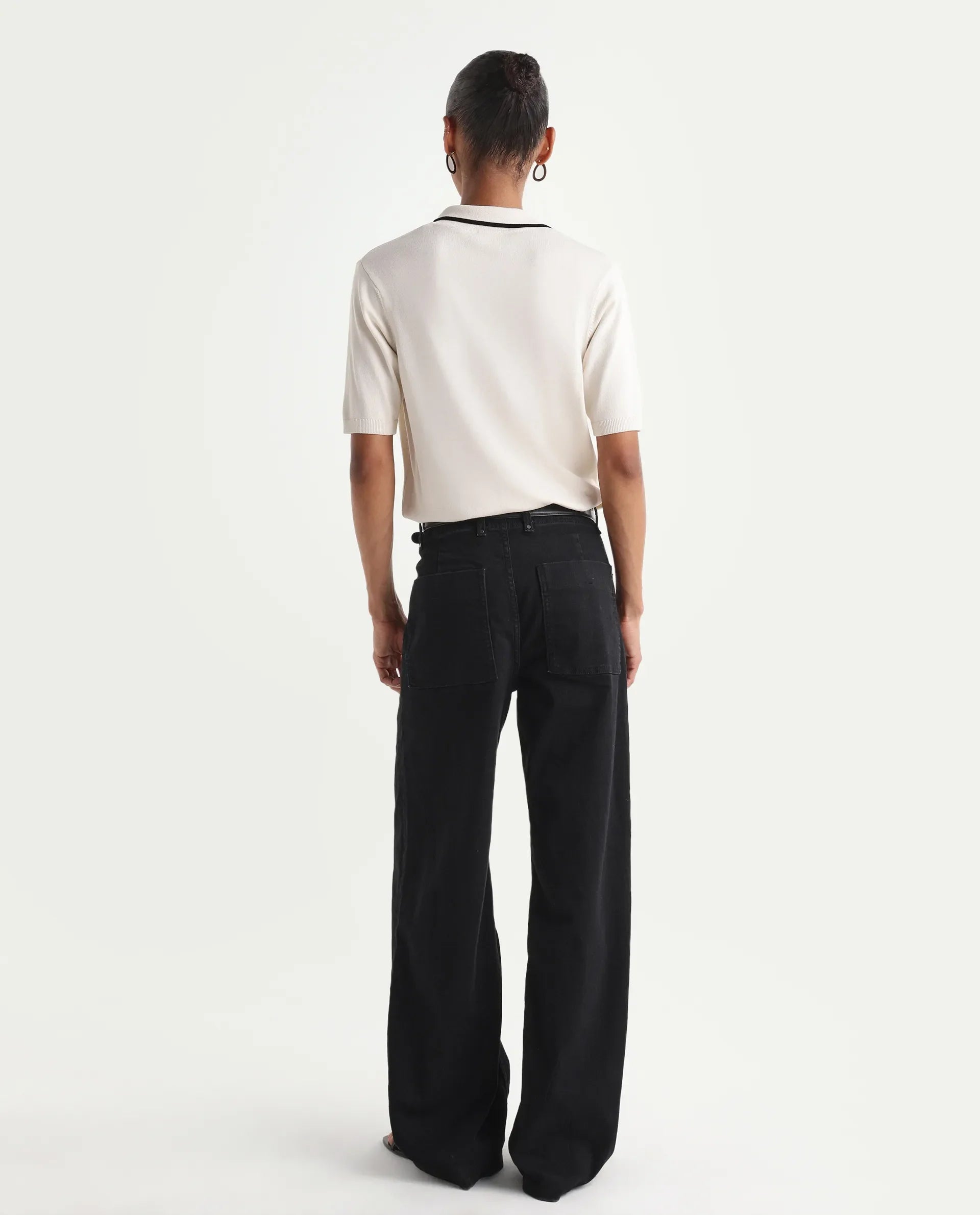 Rareism Women's Exia Black Cotton Blend Wide Leg Plain Jeans