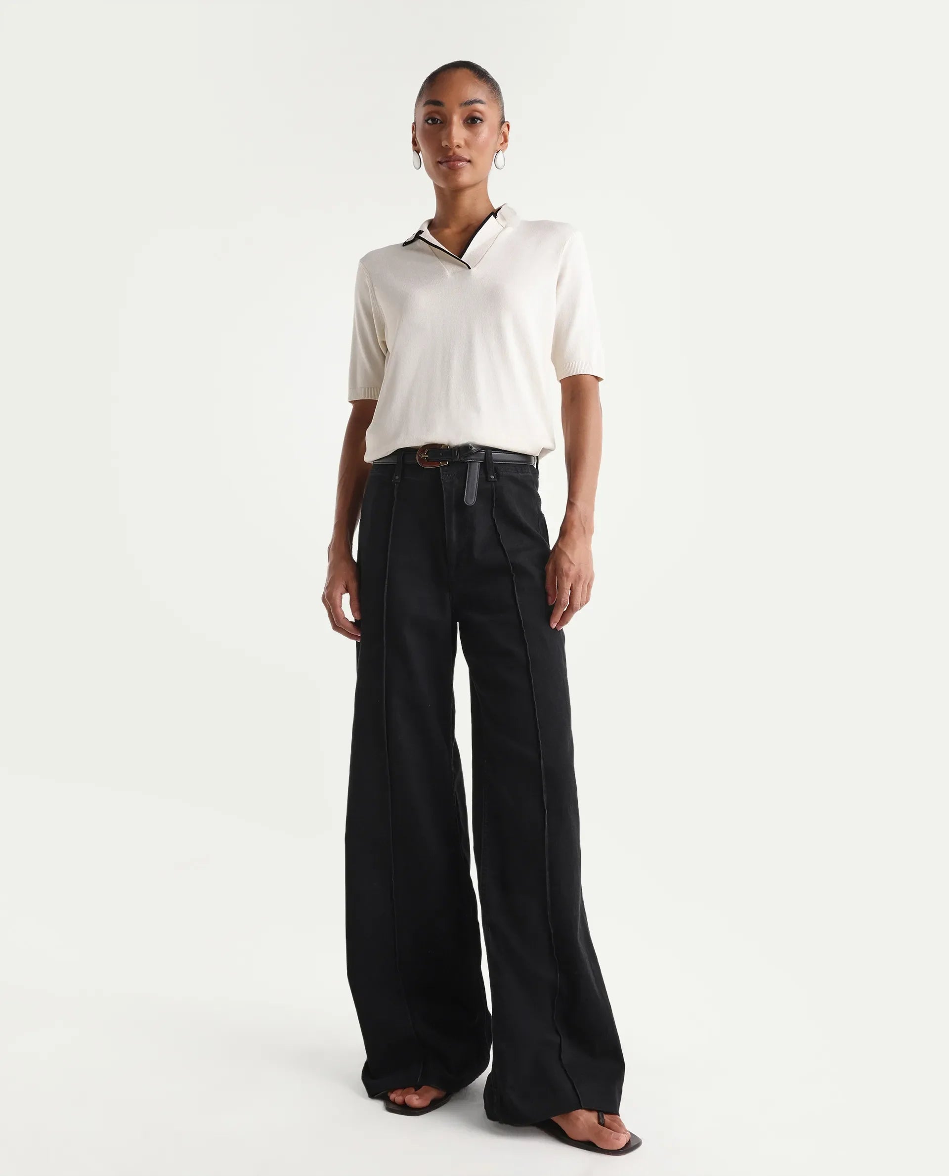 Rareism Women's Exia Black Cotton Blend Wide Leg Plain Jeans